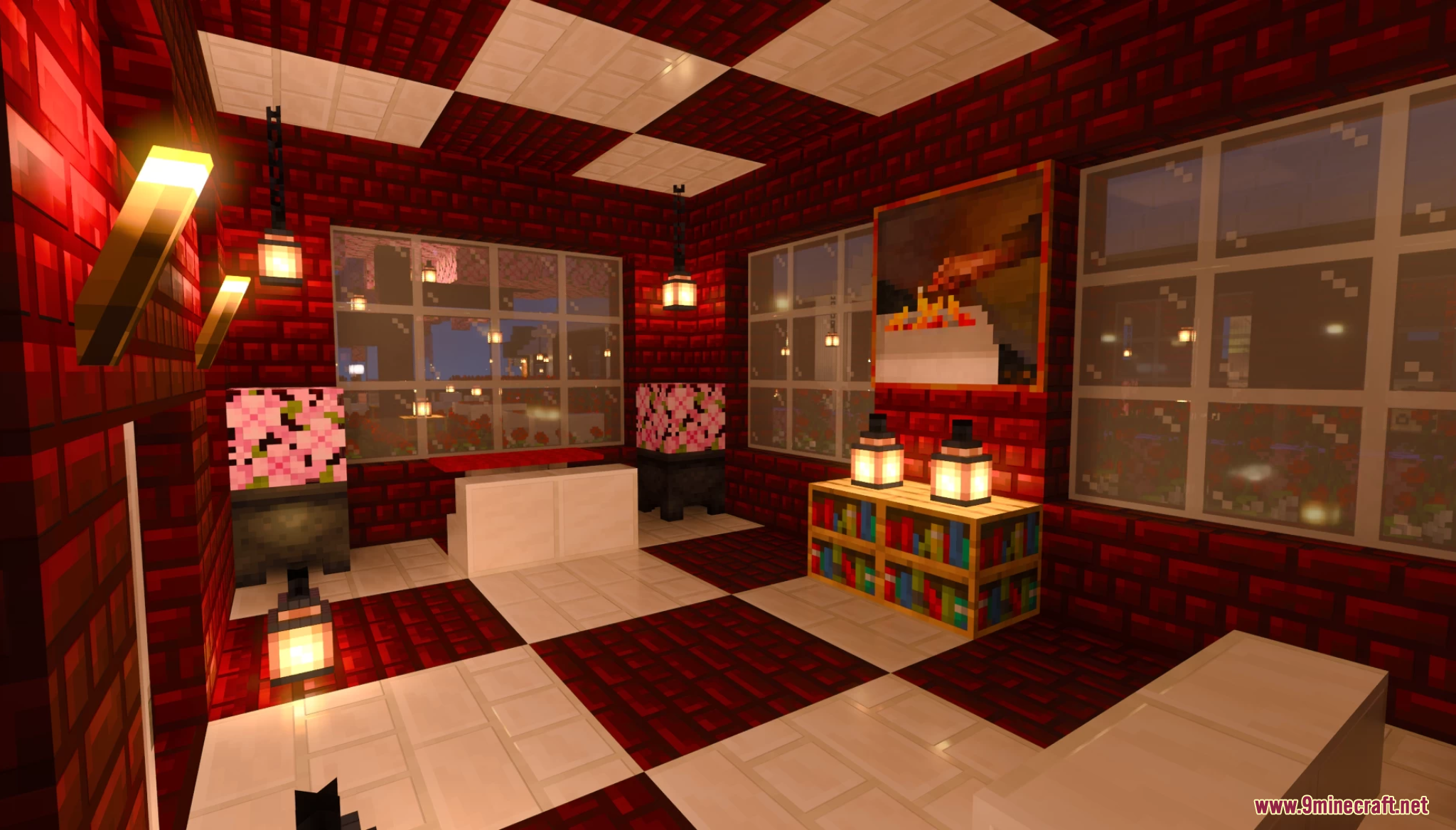 Lake Towen Map Screenshot 2 Cozy interior of a red brick house with bookshelves and checkered flooring