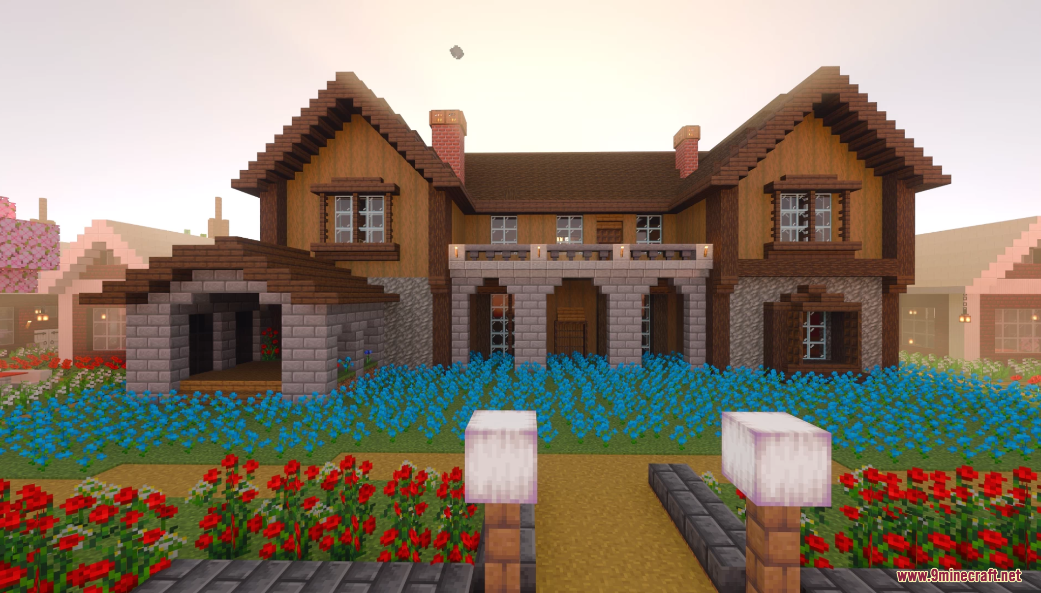 Lake Towen Map Screenshot 3 Large wooden house surrounded by blue and red flowers in Lake Towen Map