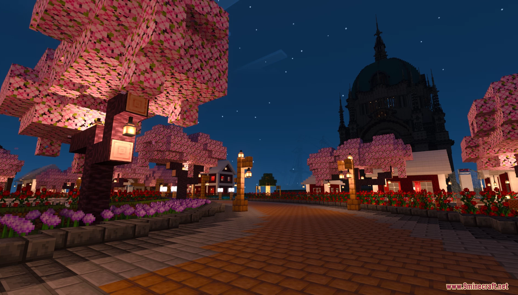 Lake Towen Map Screenshot 4 Cherry blossom trees and lanterns lighting up a street at night in Minecraft