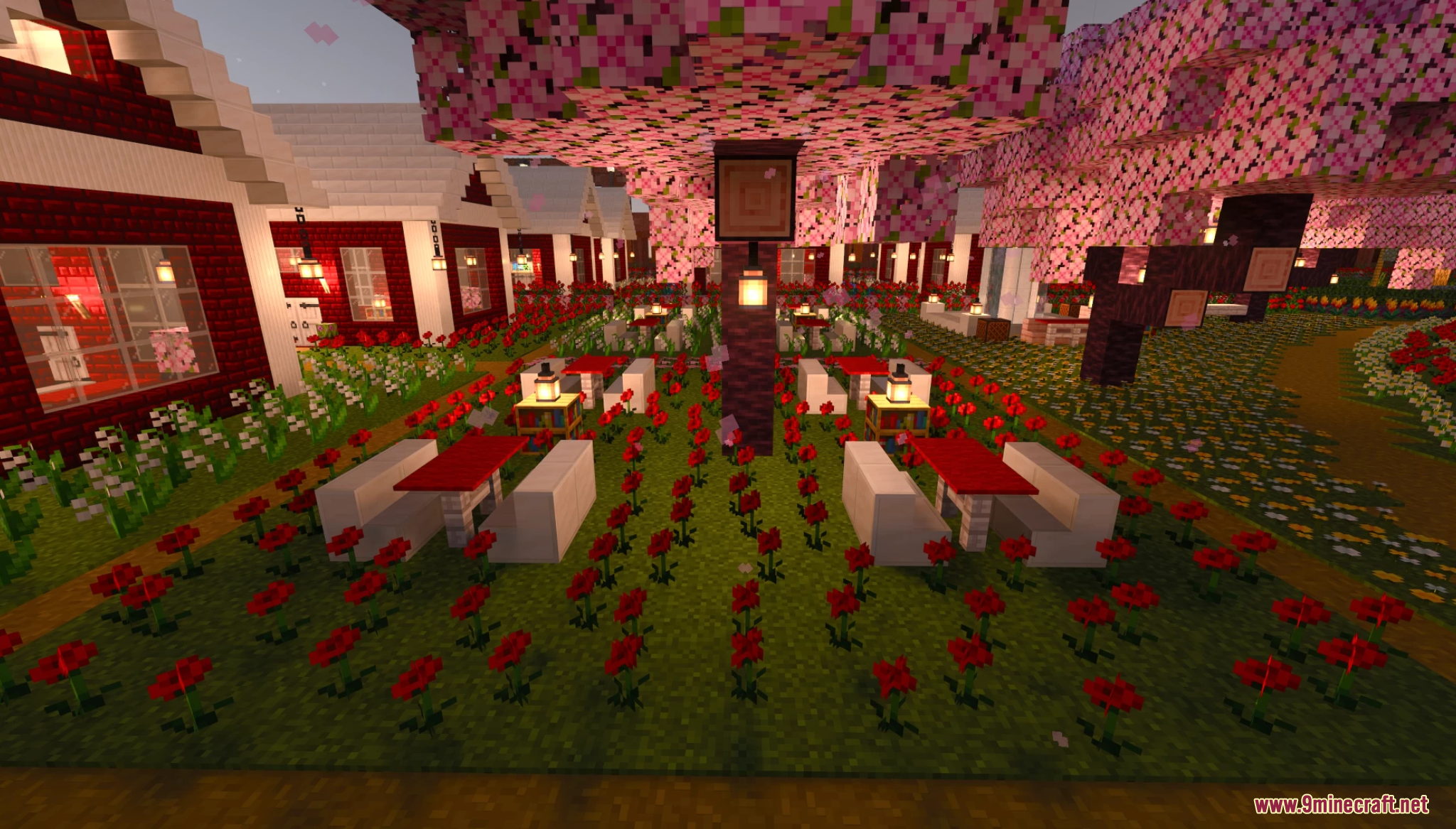 Lake Towen Map Screenshot 7 Outdoor dining area with red tables and flowers in Lake Towen Map