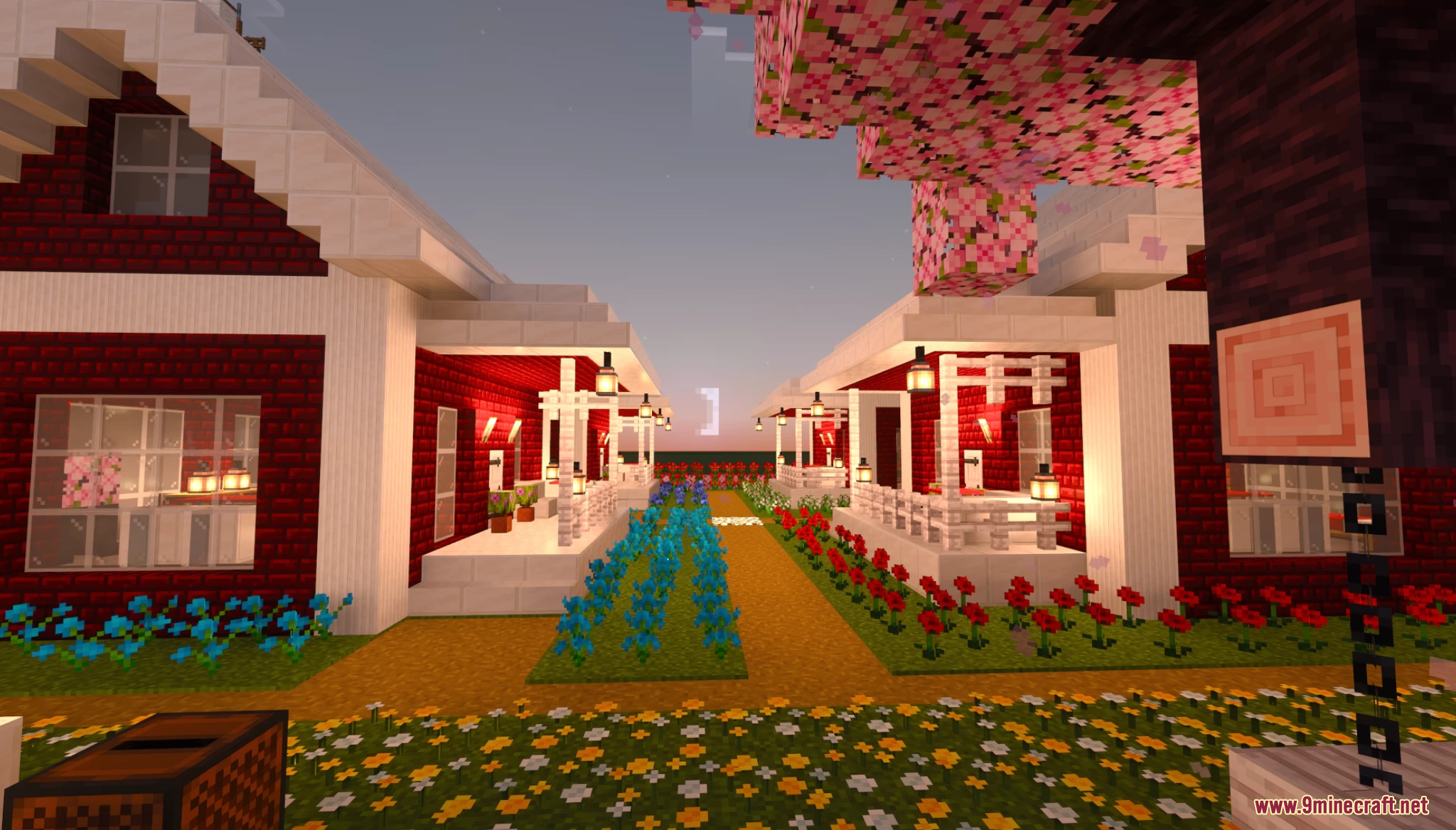 Lake Towen Map Screenshot 8 Red houses with white porches and colorful flower gardens along the path