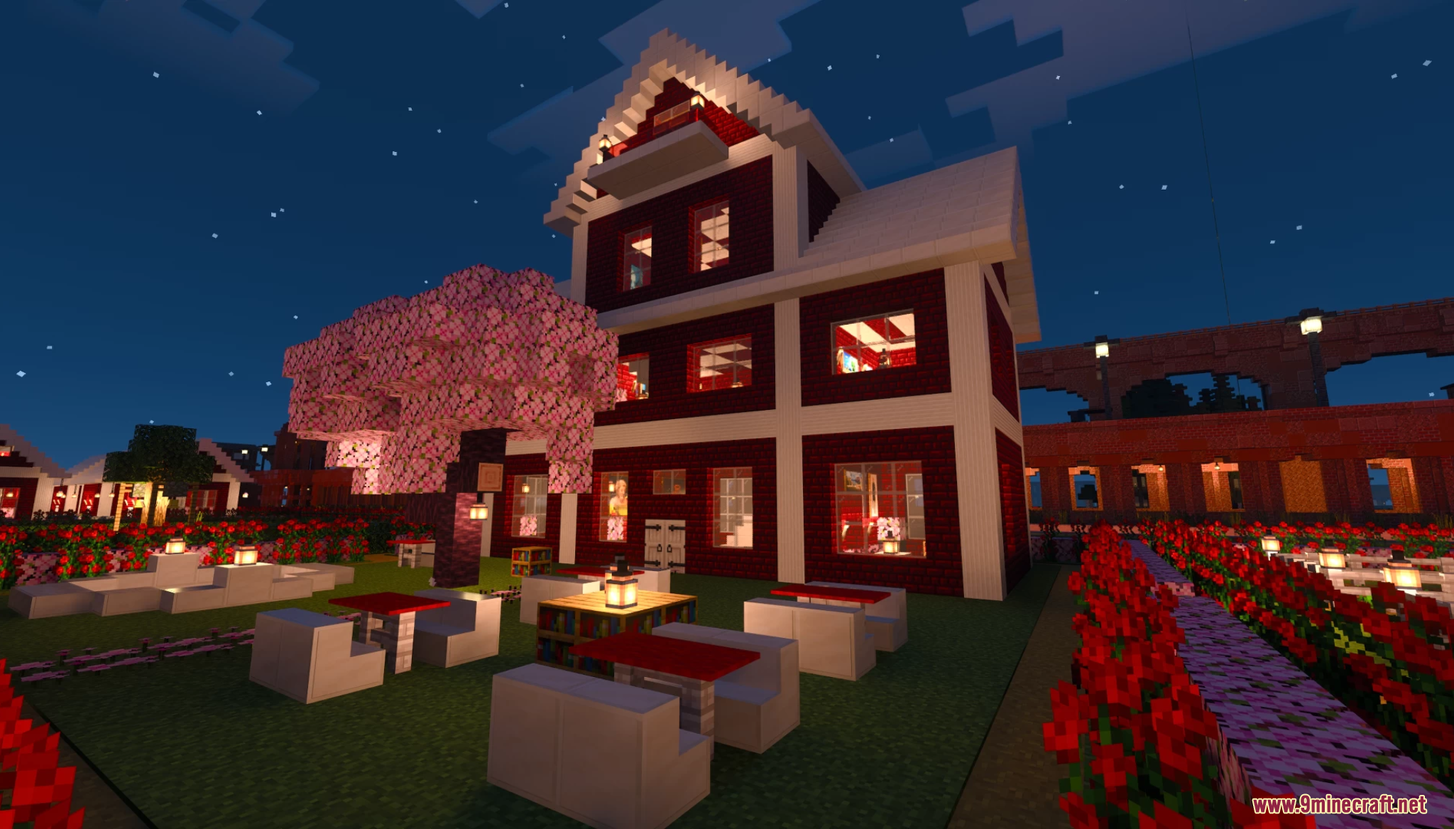 Lake Towen Map Screenshot 9 Large red house with cherry blossom tree and outdoor seating at night