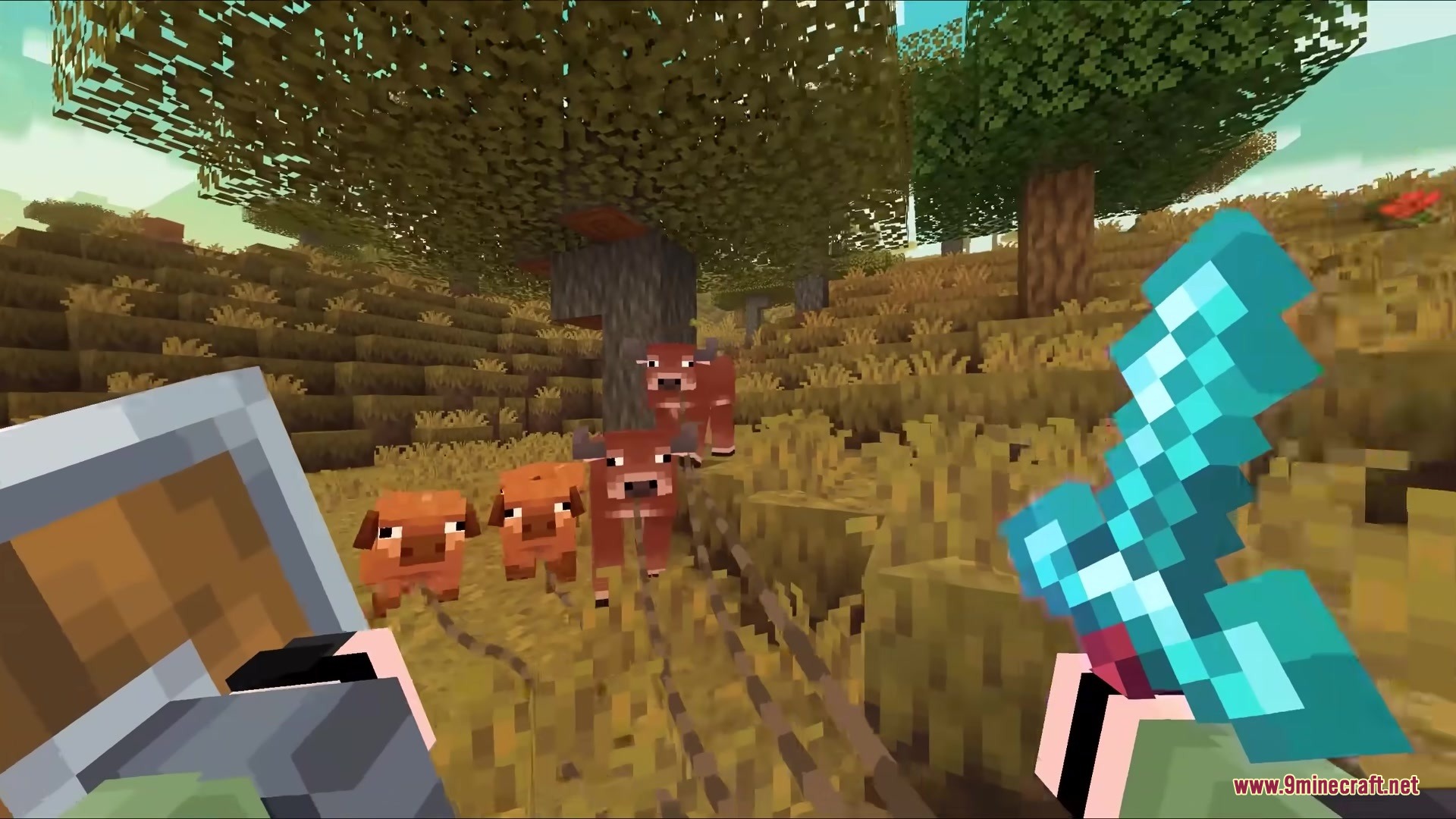 Lead Physics Mod Screenshot 5 Player holding a diamond sword leads animals with realistic physical rope leashes