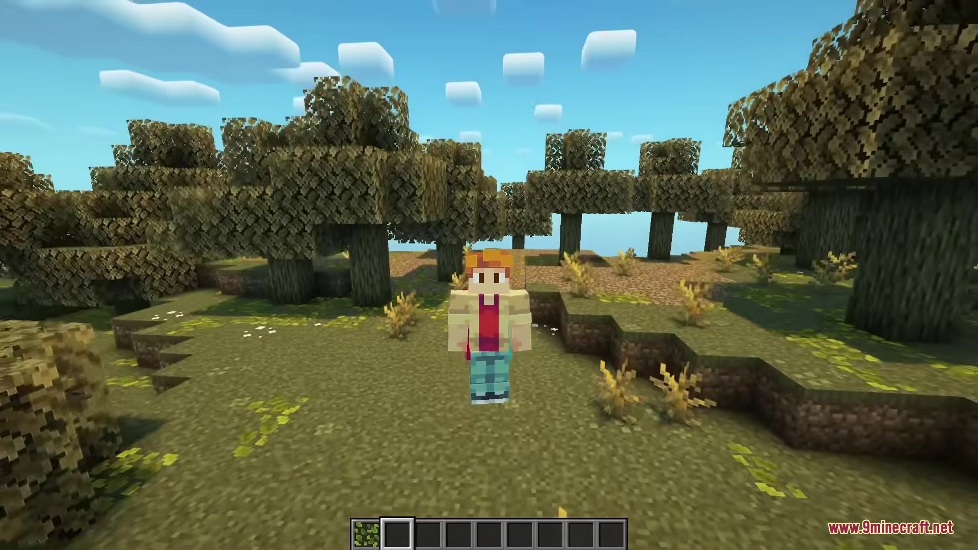 A Minecraft character stands in a forest with vibrant green and yellow ground leaves