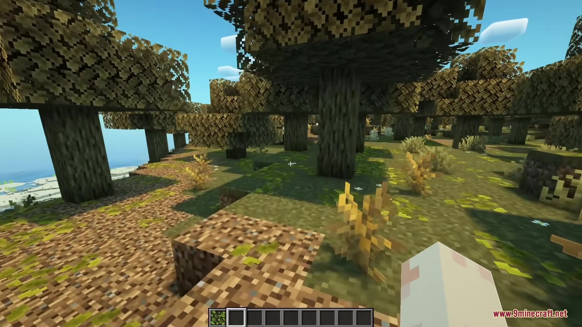 A Minecraft forest floor covered in bright green and yellow fallen leaves