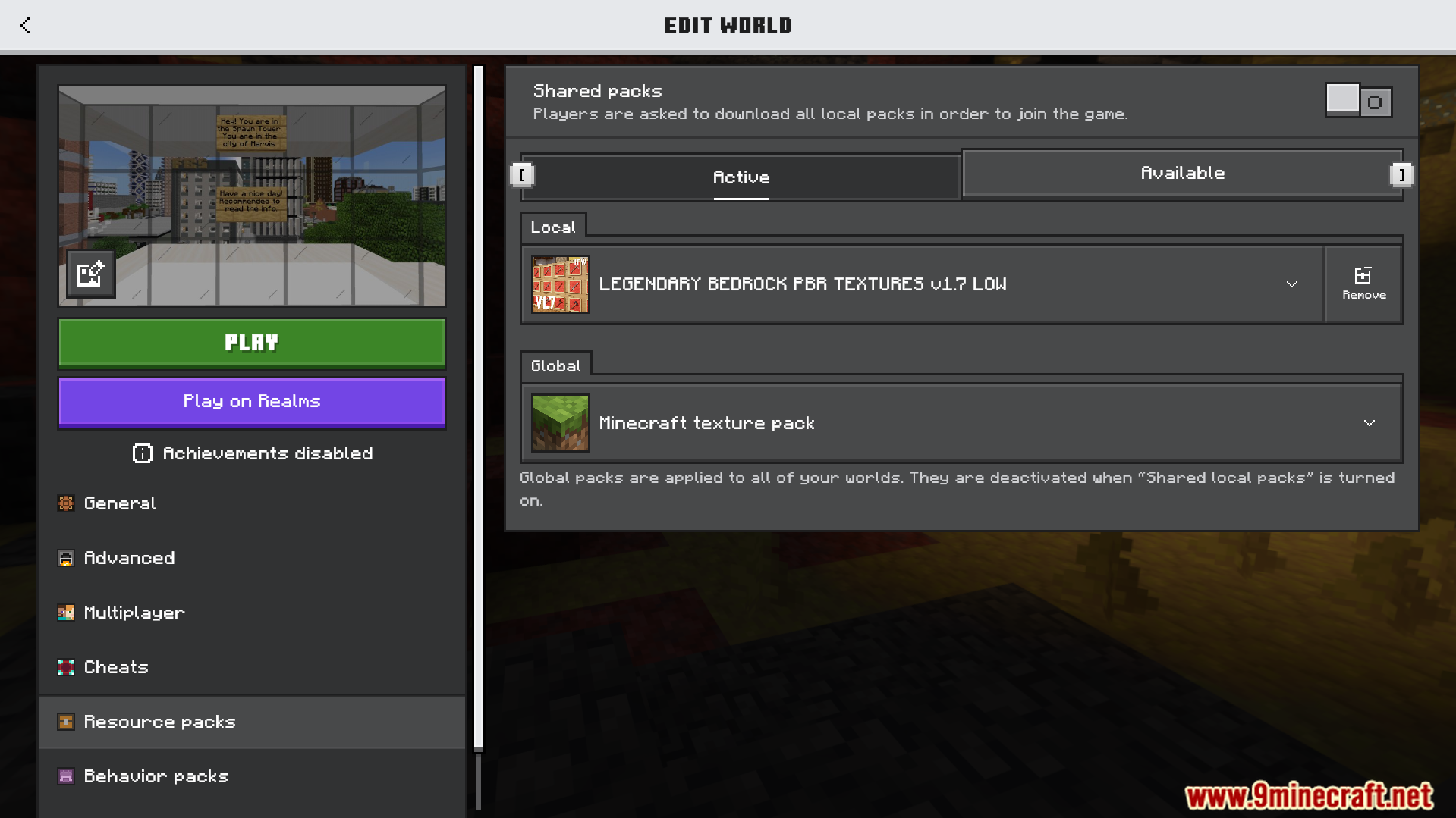 Minecraft resource pack menu showing the active Legendary Bedrock PBR Texture Pack