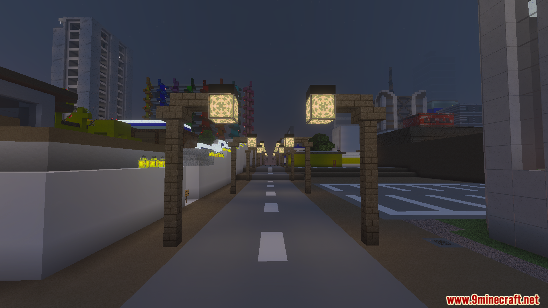 Cinematic city street view with glowing lamps and realistic environment effects at night