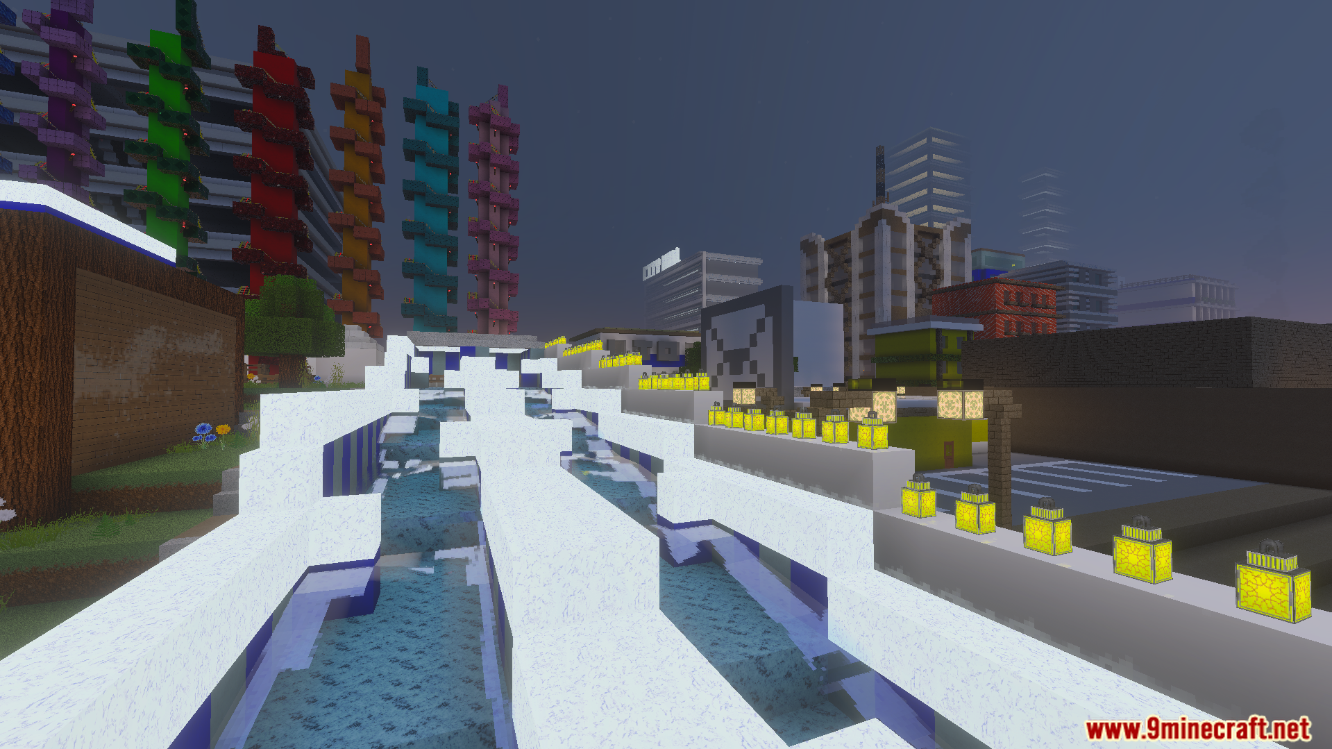 Realistic water and fog effects in a city with colorful skyscrapers