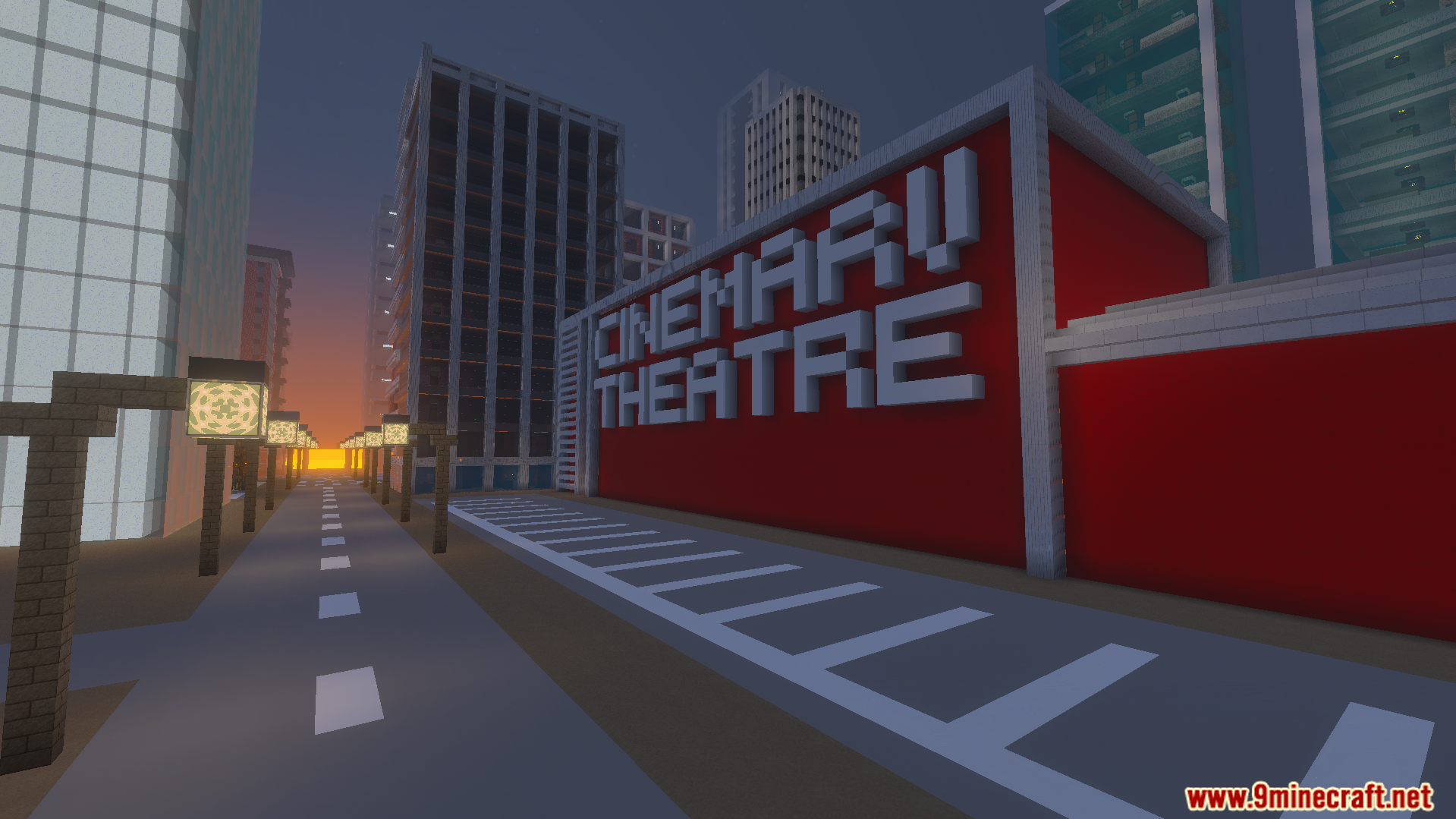 Cinematic theater building on a city street with realistic lighting and detail