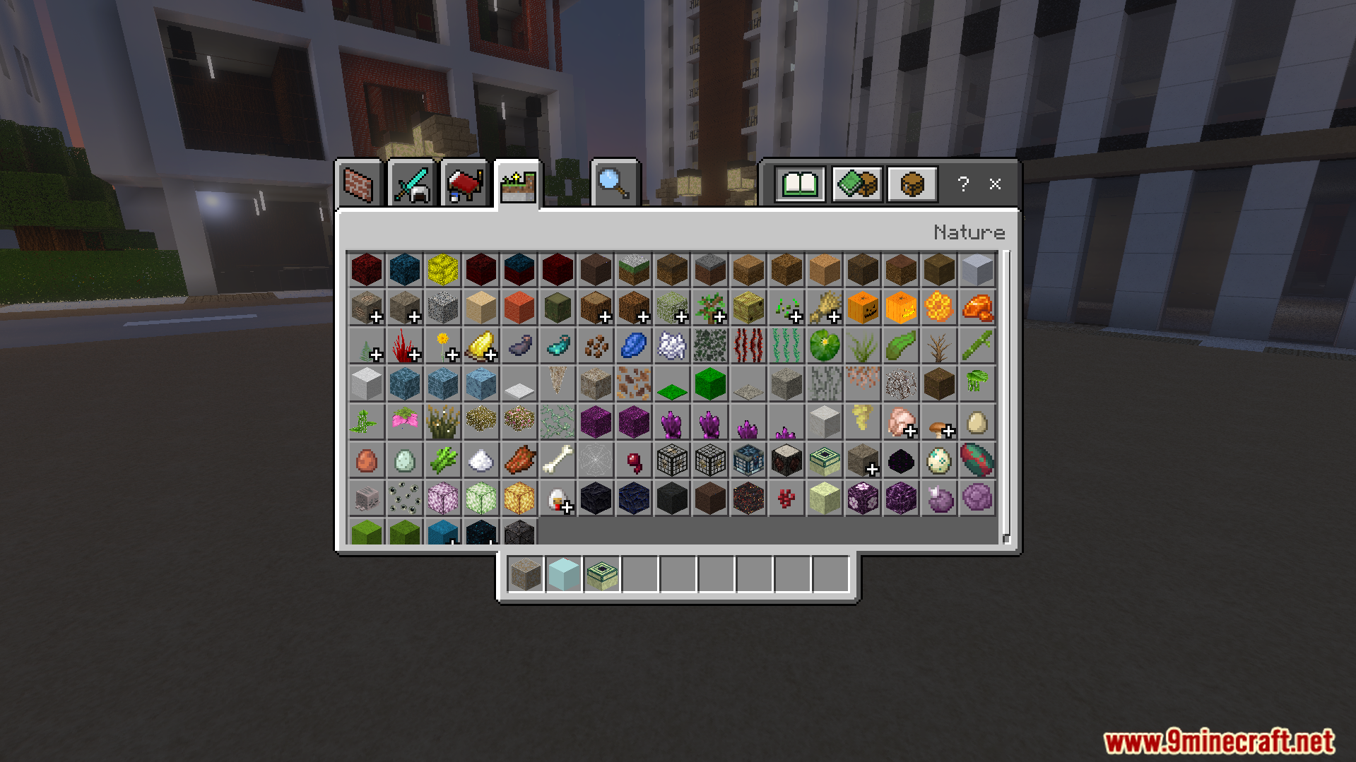 Creative inventory nature tab showing blocks with realistic physically based materials