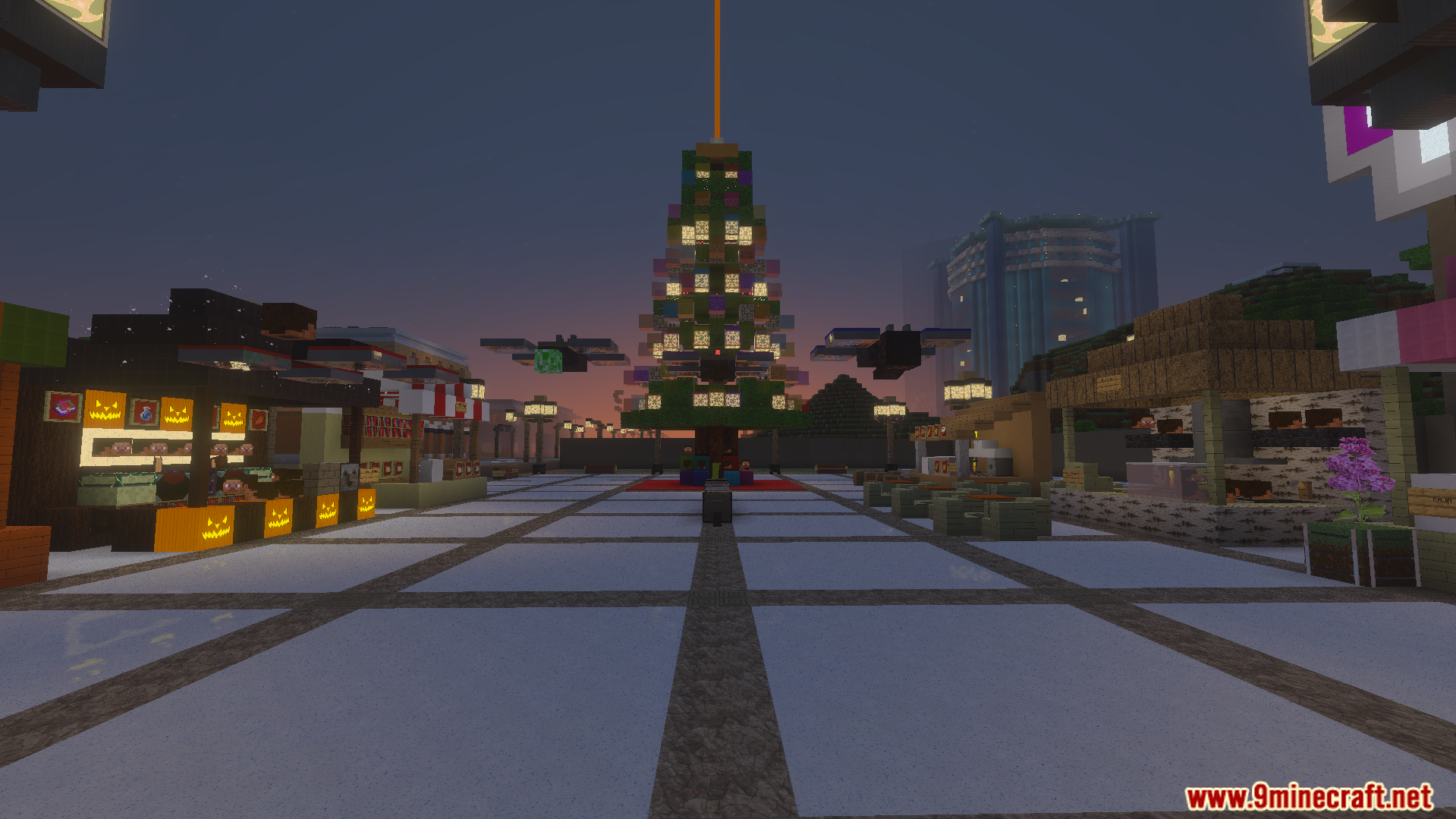 Cinematic city square at dusk with a Christmas tree and market stalls
