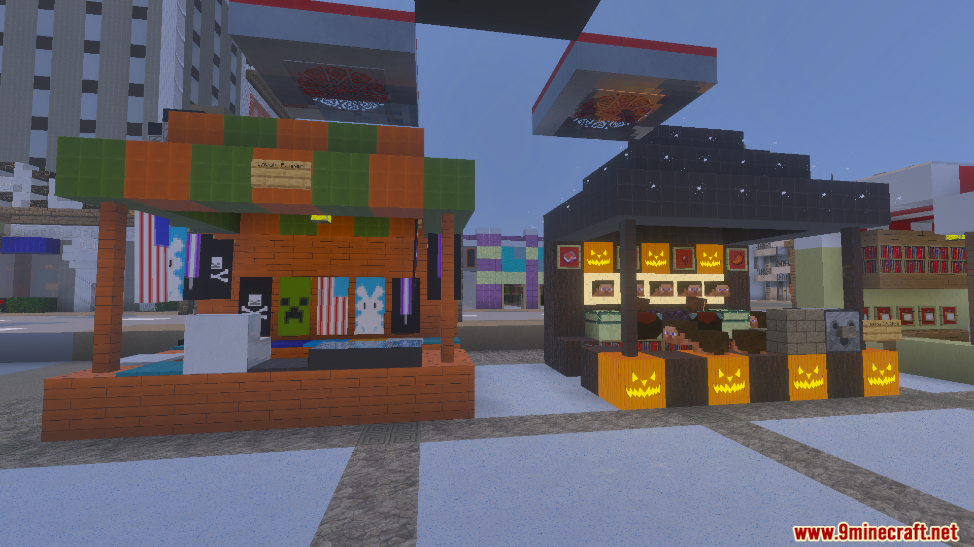 Legendary PBR Texture Pack showing market stalls with banners and jack o lanterns
