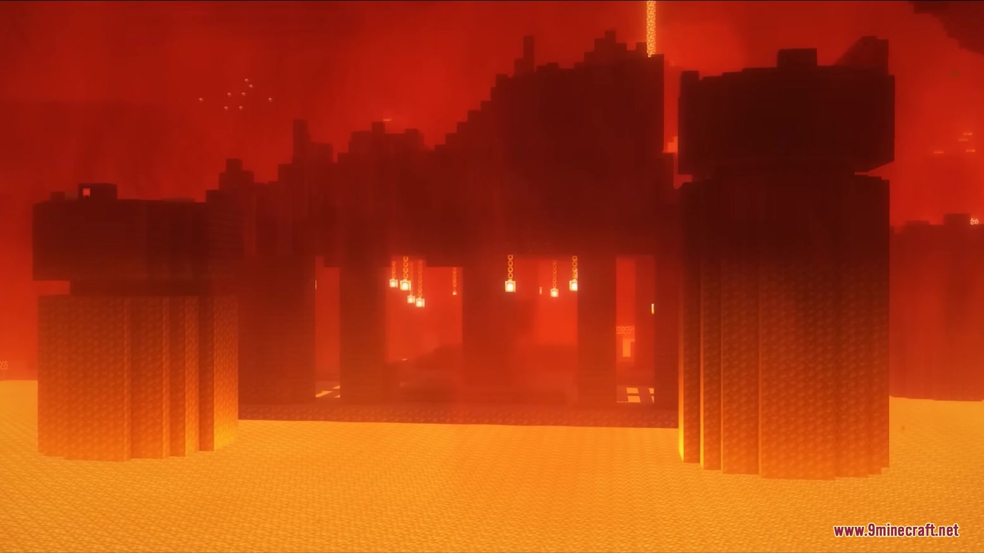 Legionary Mod Screenshot 1 A massive Nether structure with golden lanterns surrounded by a lava lake