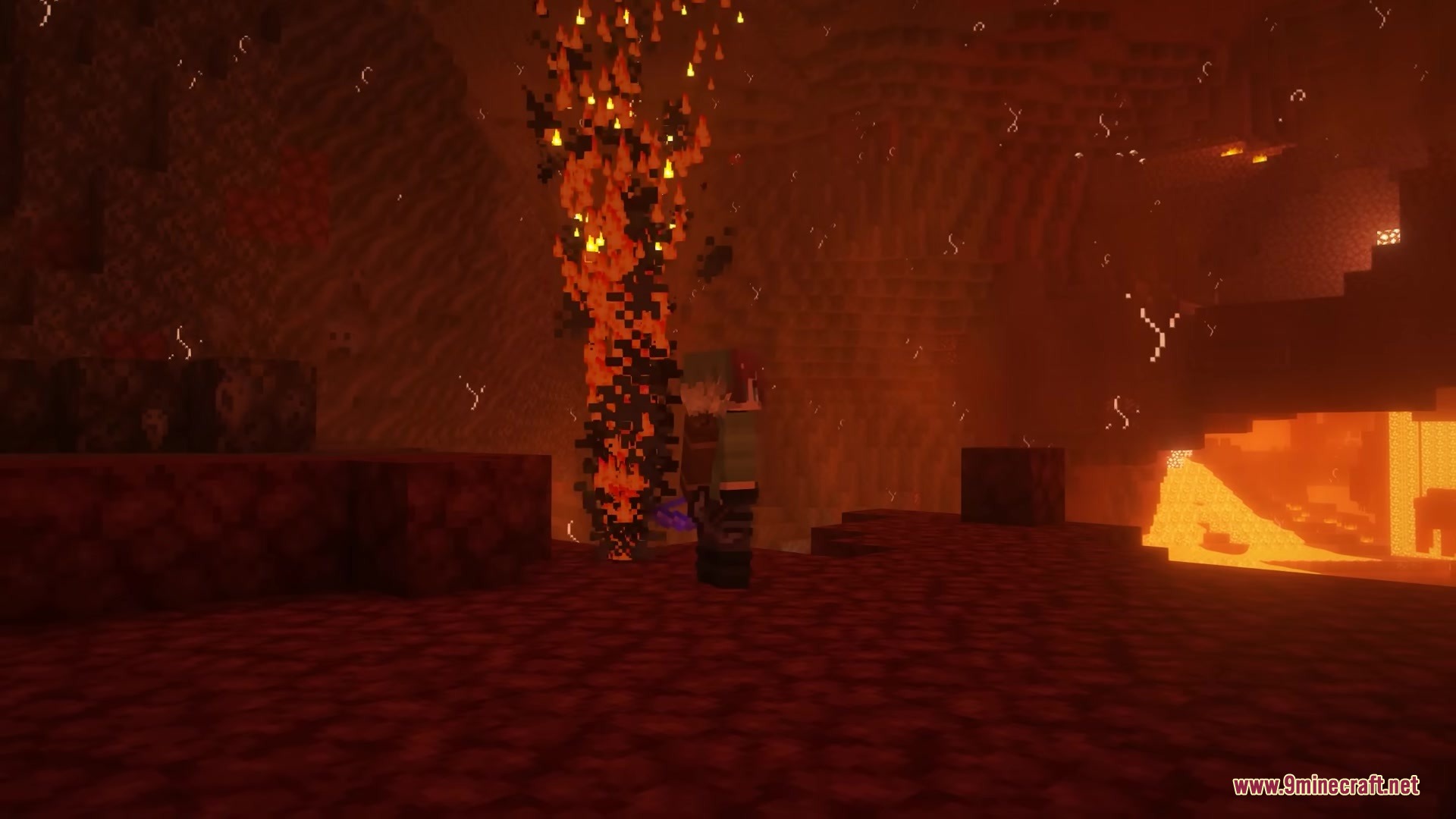 Legionary Mod Screenshot 12 A character standing near a column of fire in the Nether dimension
