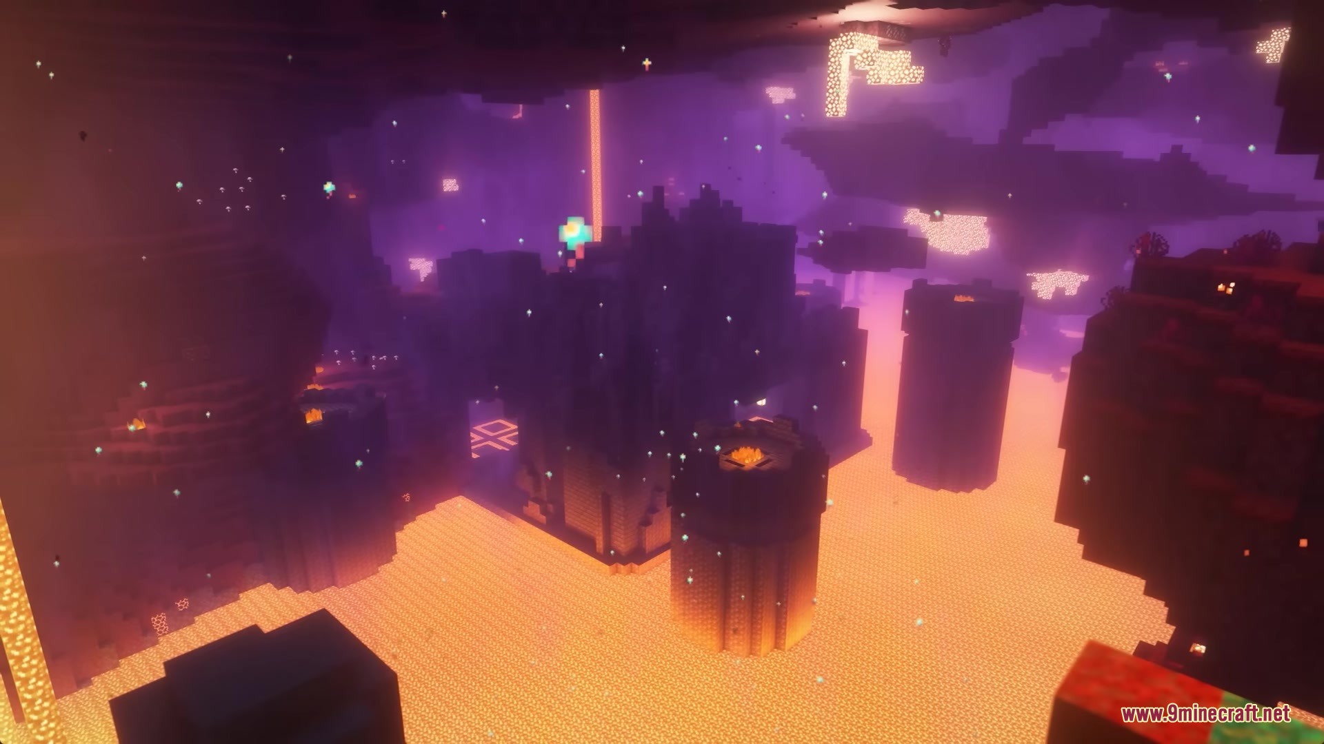 Legionary Mod Screenshot 3 A massive dark fortress stands in a lava lake within the purple Nether