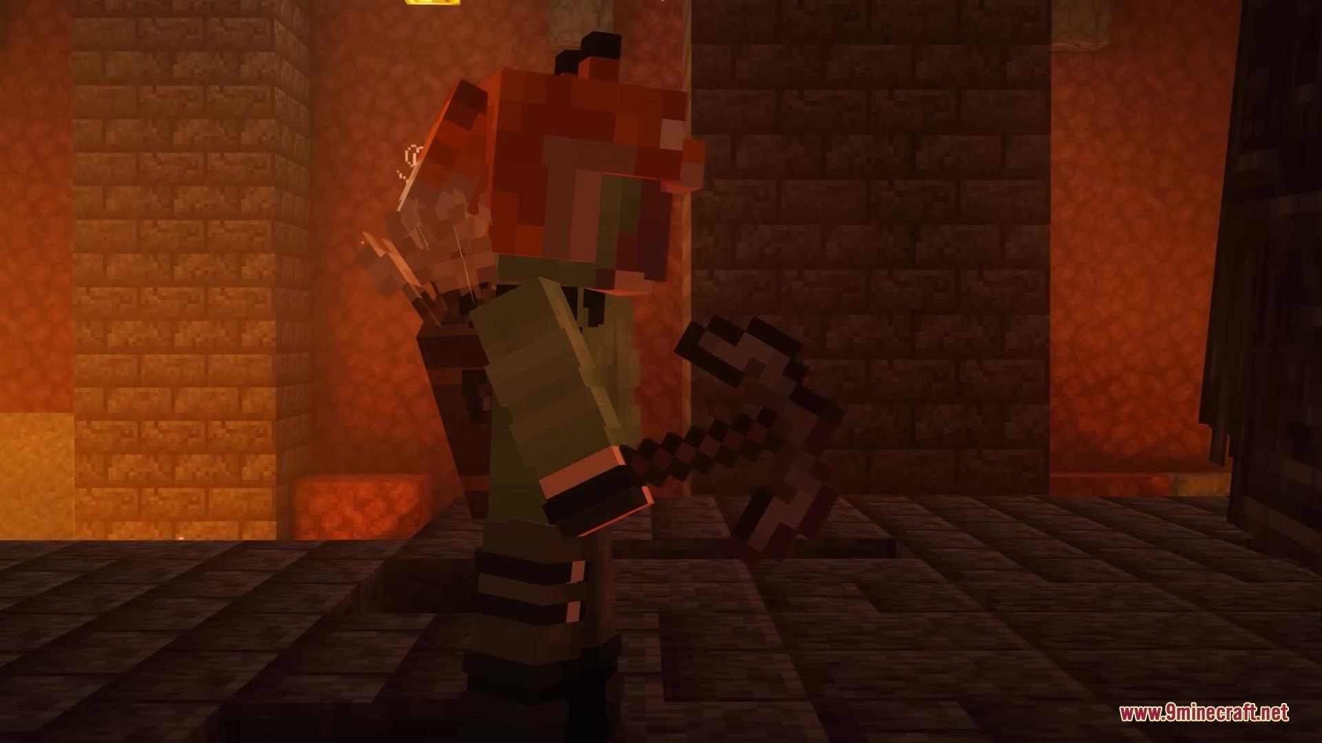 Legionary Mod Screenshot 5 A Minecraft character holding a dark weapon while exploring a Nether fortress