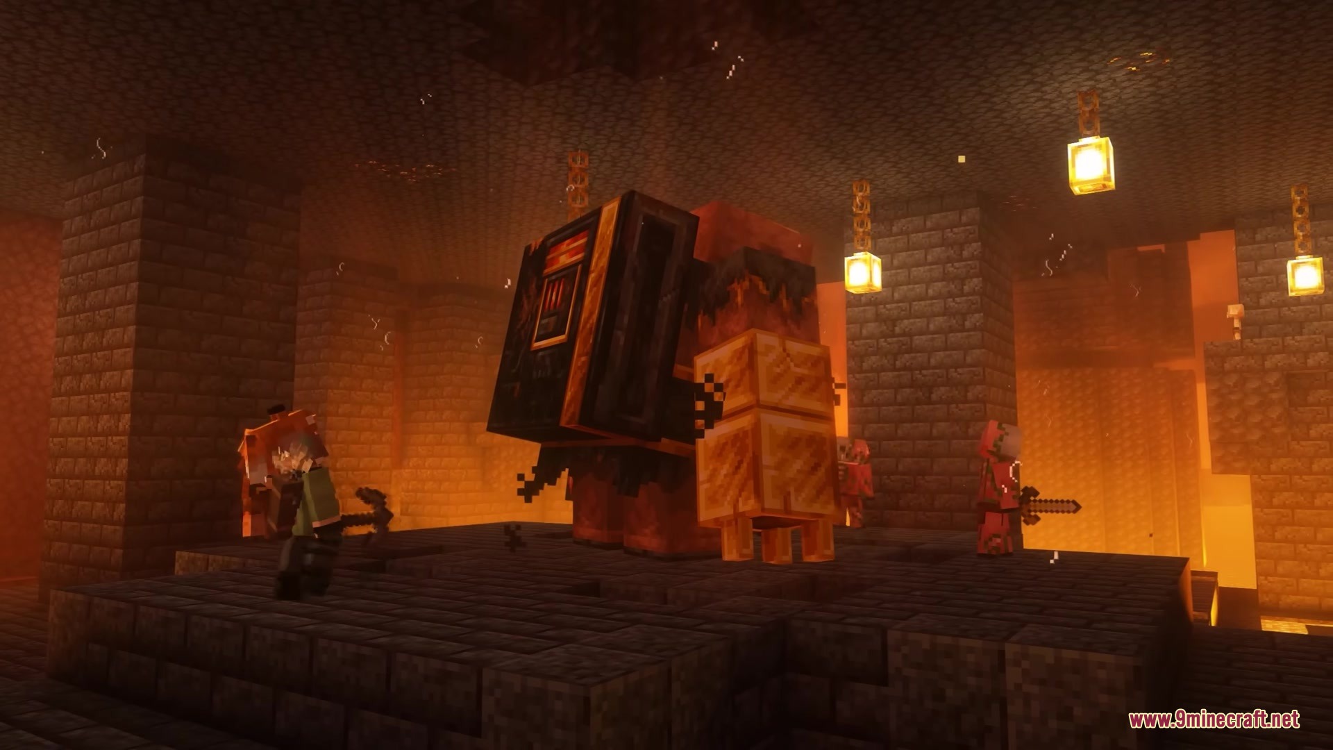 Legionary Mod Screenshot 6 Players facing the Unbreakable boss in a chamber lit by golden lanterns