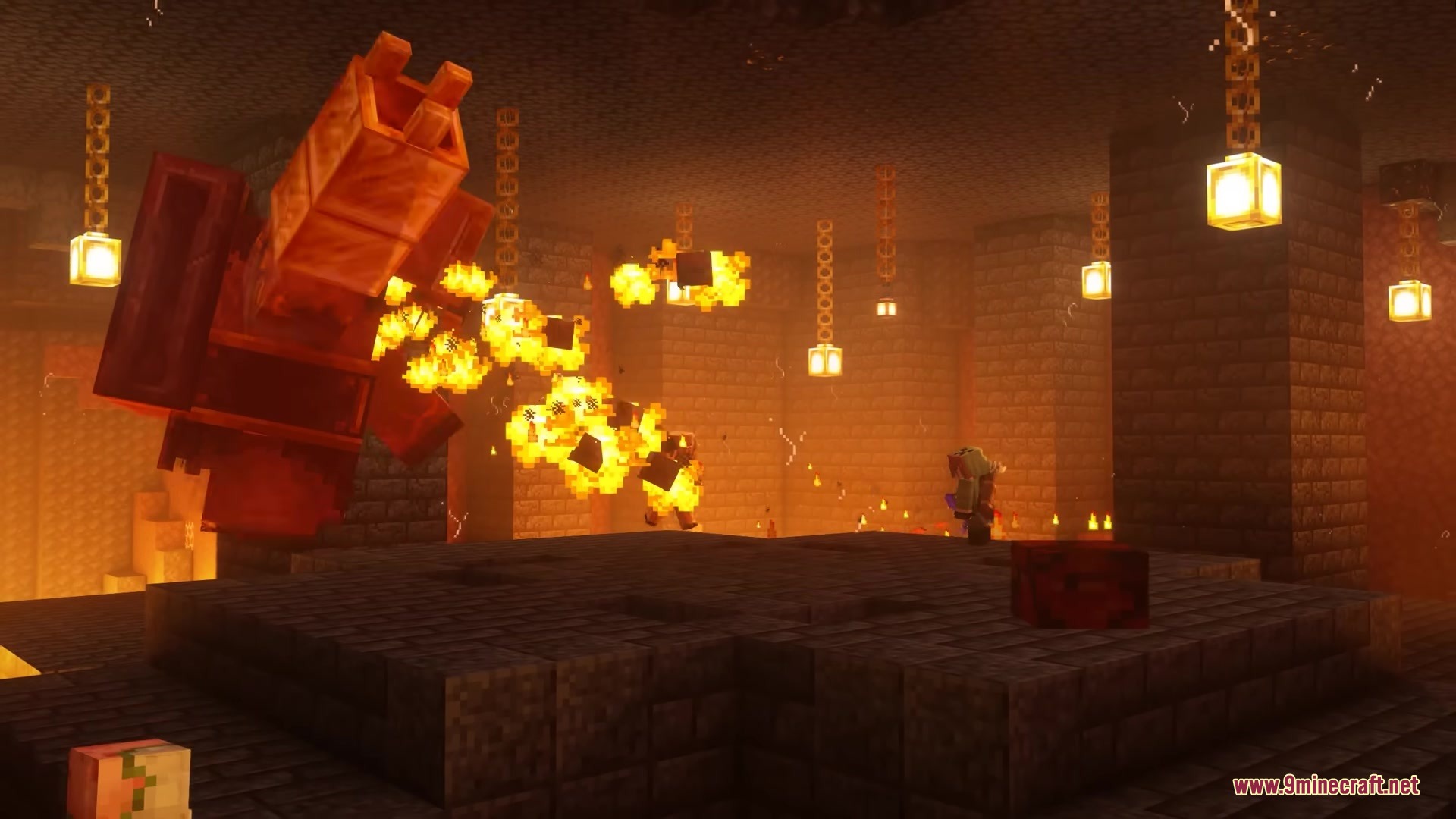 Legionary Mod Screenshot 7 A giant red boss mob attacks with fire in a dark Nether room