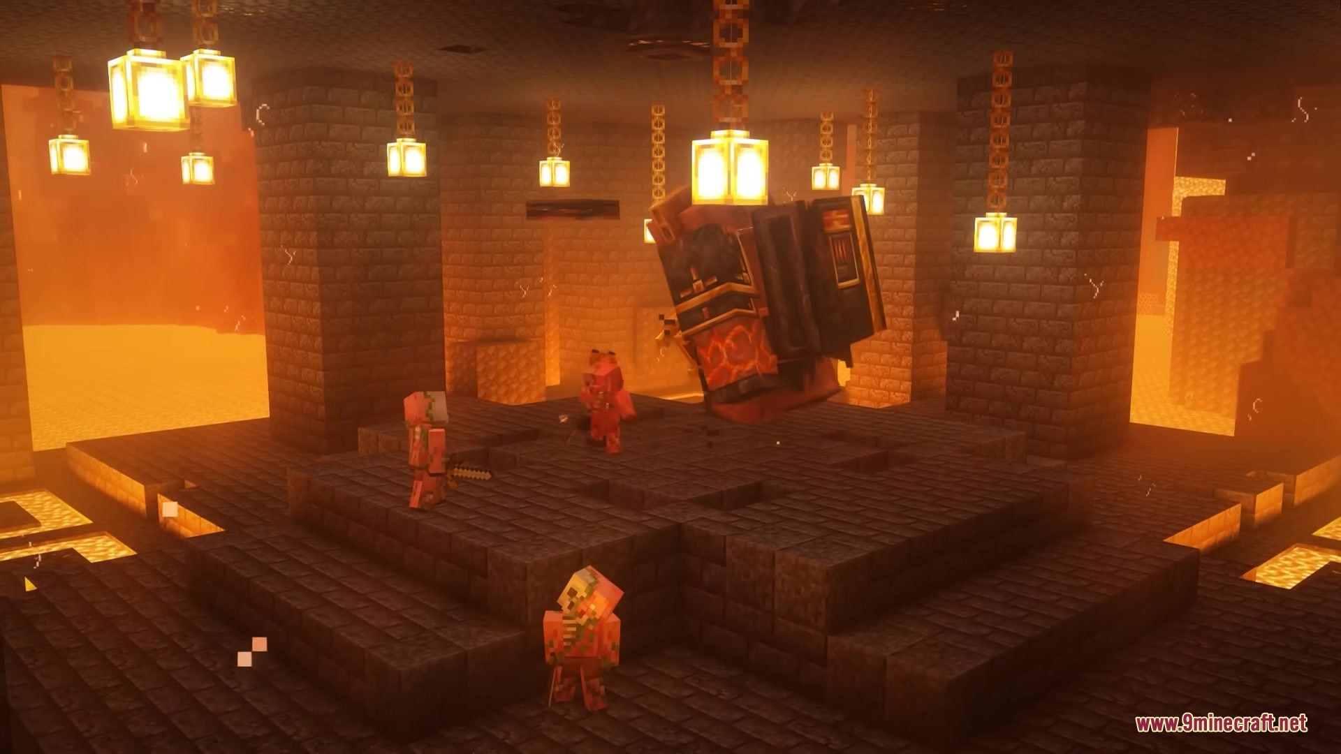 Legionary Mod Screenshot 9 Piglins guarding the massive petrified stone boss inside a dark nether structure