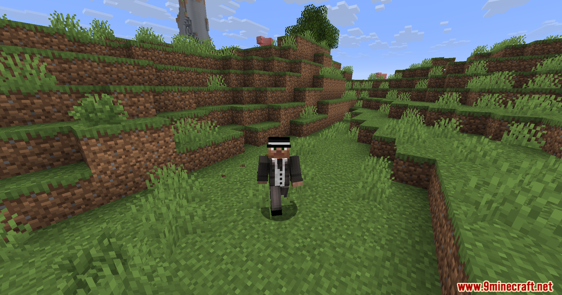 Lightning Grim Anticheat Mod Screenshot 10 A character in a suit and top hat stands in a grassy valley