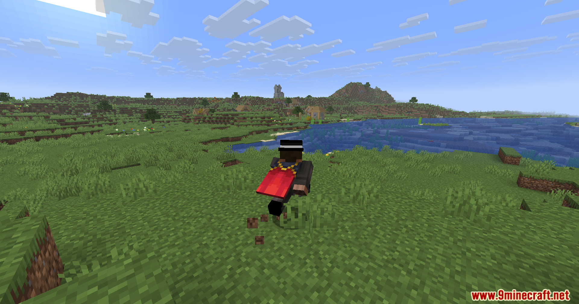 Lightning Grim Anticheat Mod Screenshot 3 Player with a red cape running through a grassy landscape near a lake