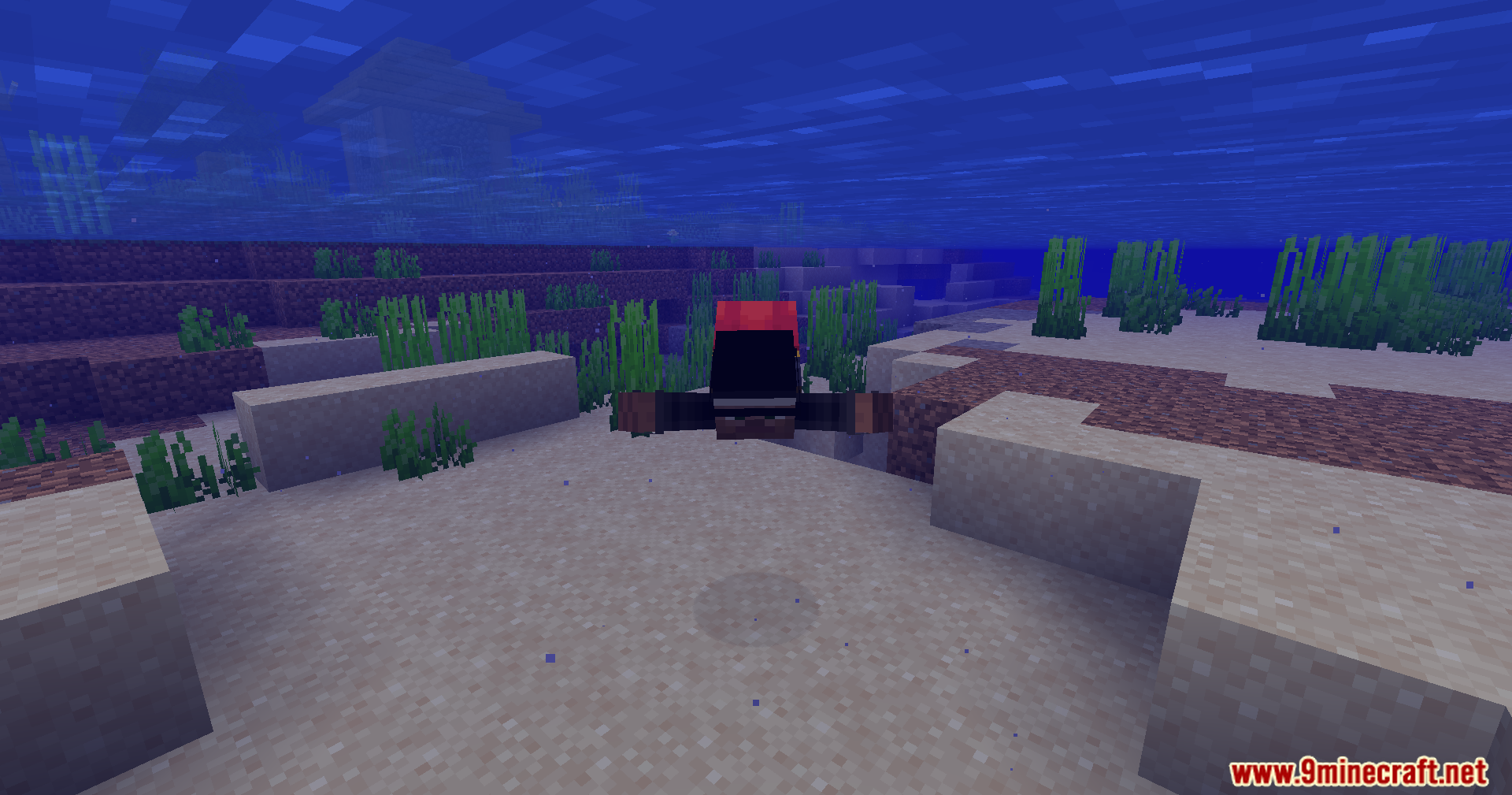 Lightning Grim Anticheat Mod Screenshot 6 A player character swimming horizontally along the sandy floor of a deep ocean