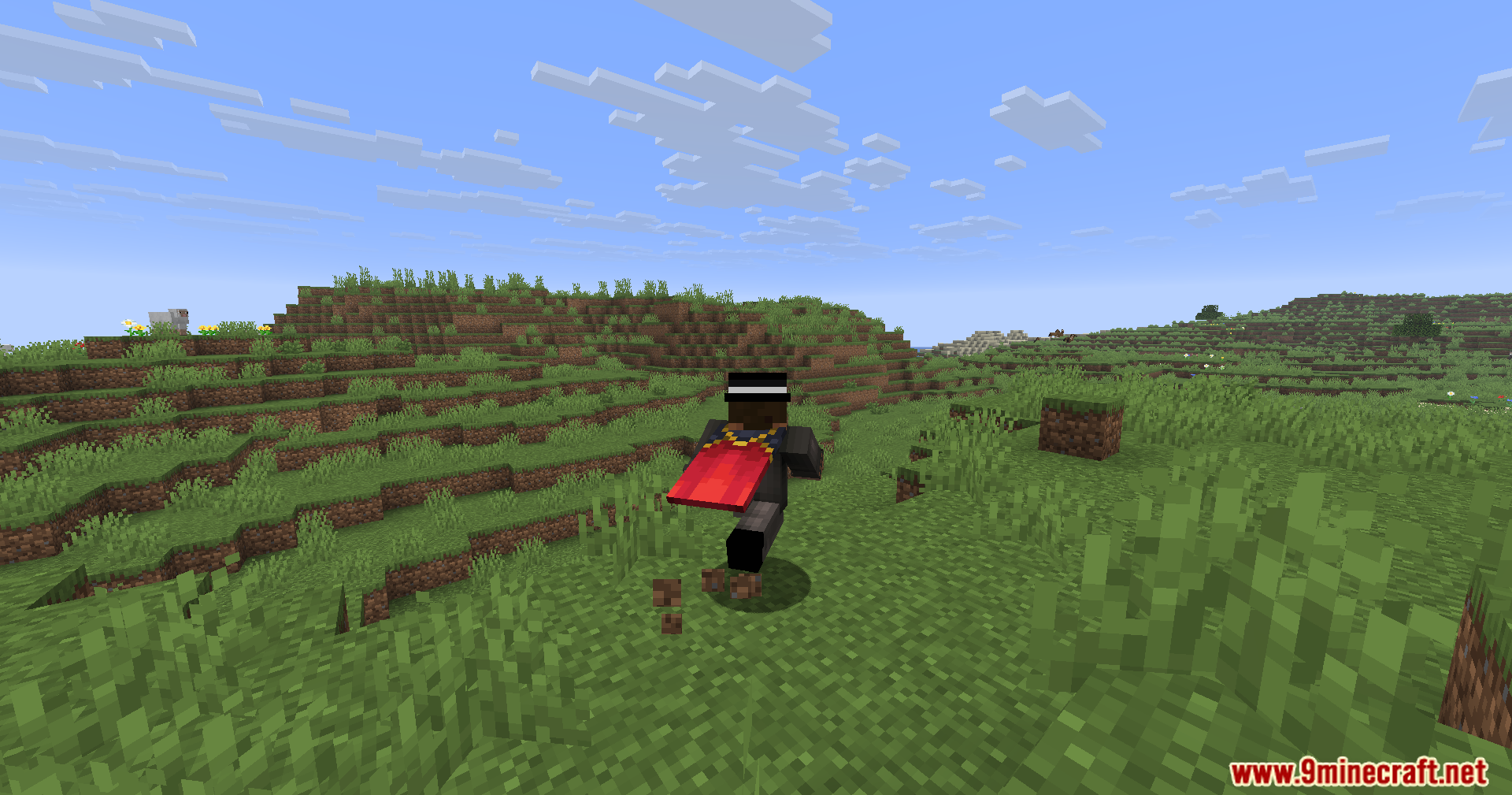 Lightning Grim Anticheat Mod Screenshot 9 A player wearing a red cape runs through a vast green grassy field