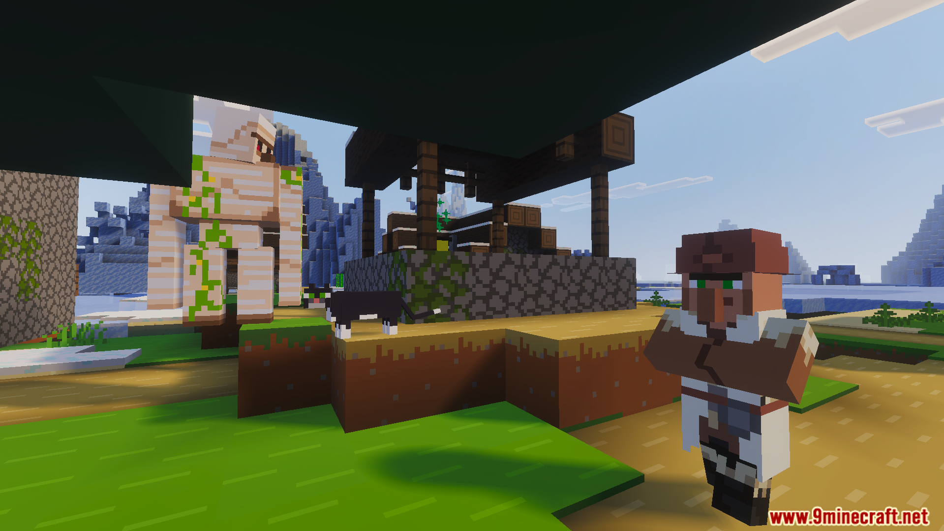 Like the Trailers Plus Texture Pack Screenshot 7 Iron golem cat and villager standing near a well in a village