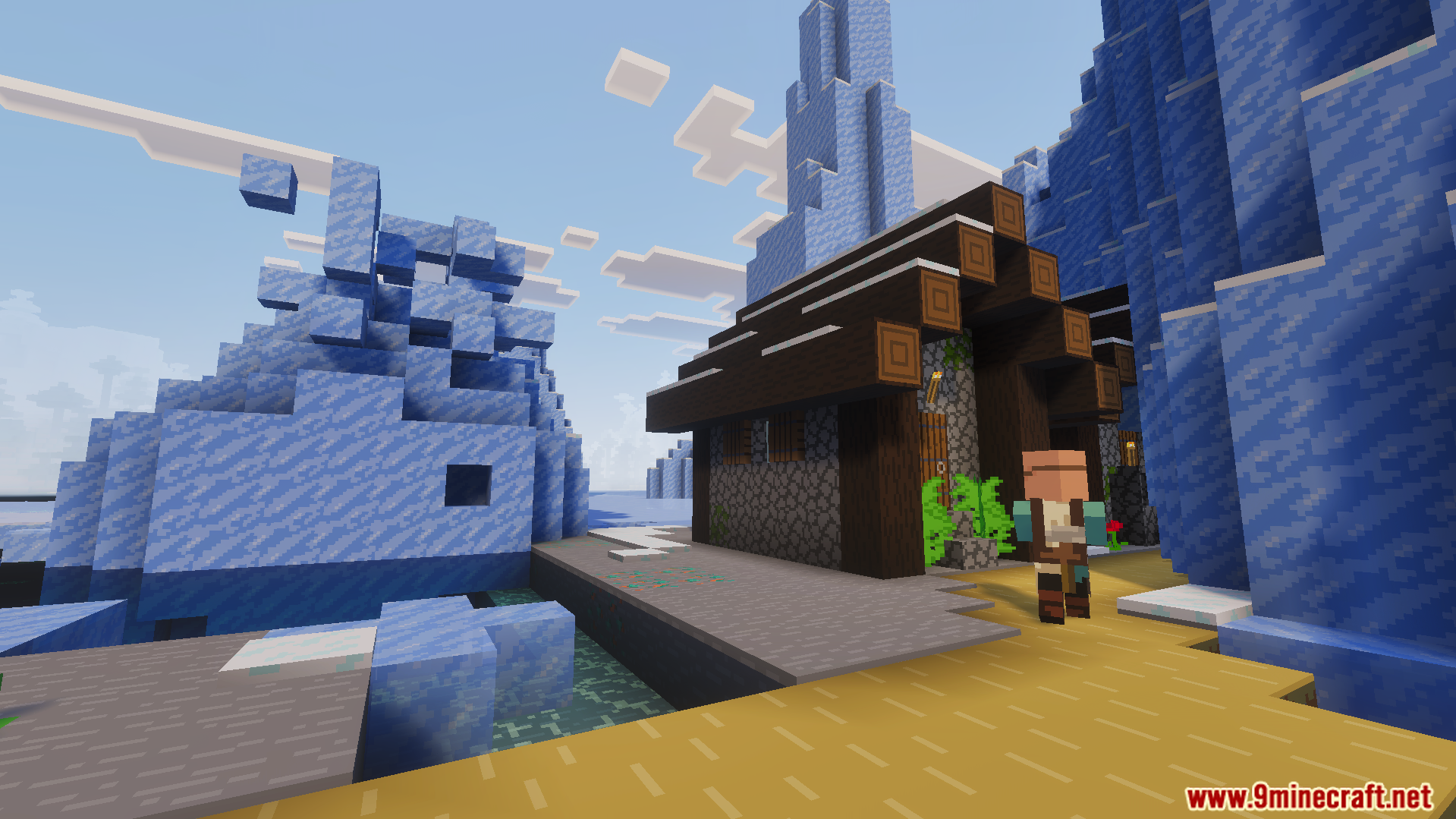Like the Trailers Plus Texture Pack Screenshot 8 Villager walking past a wooden house near large icebergs in snowy biome