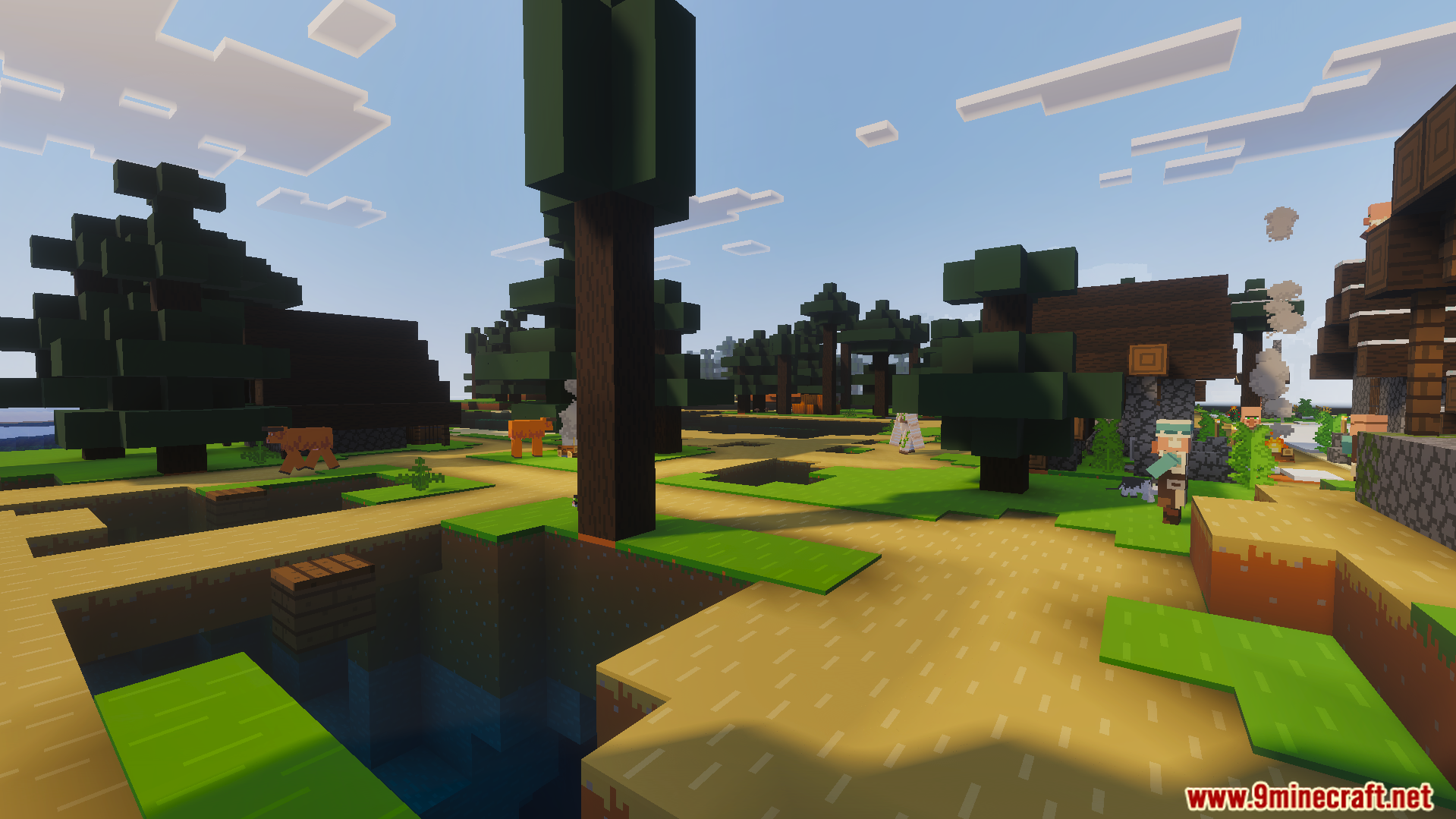 Like the Trailers Plus Texture Pack Screenshot 9 Vibrant Minecraft village landscape featuring stylized trees and smooth trailer style textures