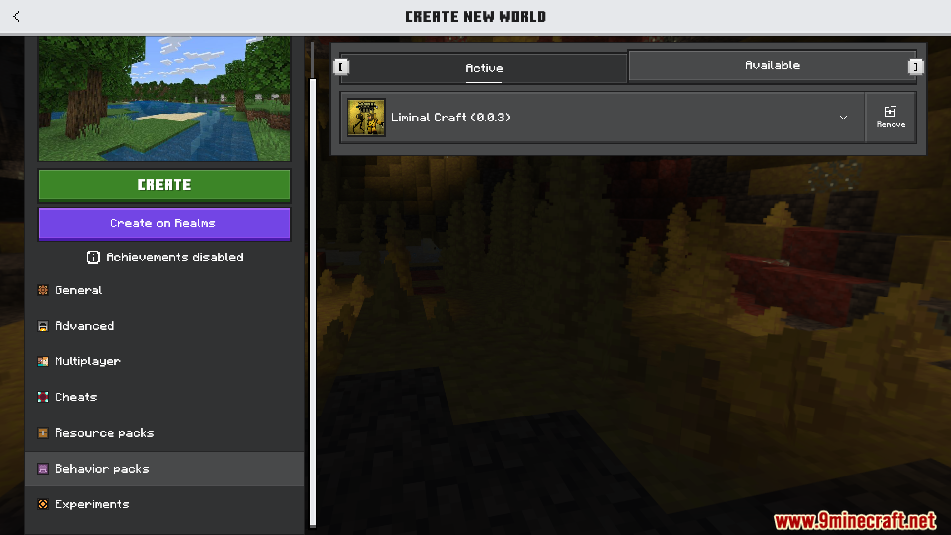 Liminal Craft Backrooms Addon Screenshot 1 Minecraft world creation menu with the Liminal Craft behavior pack active