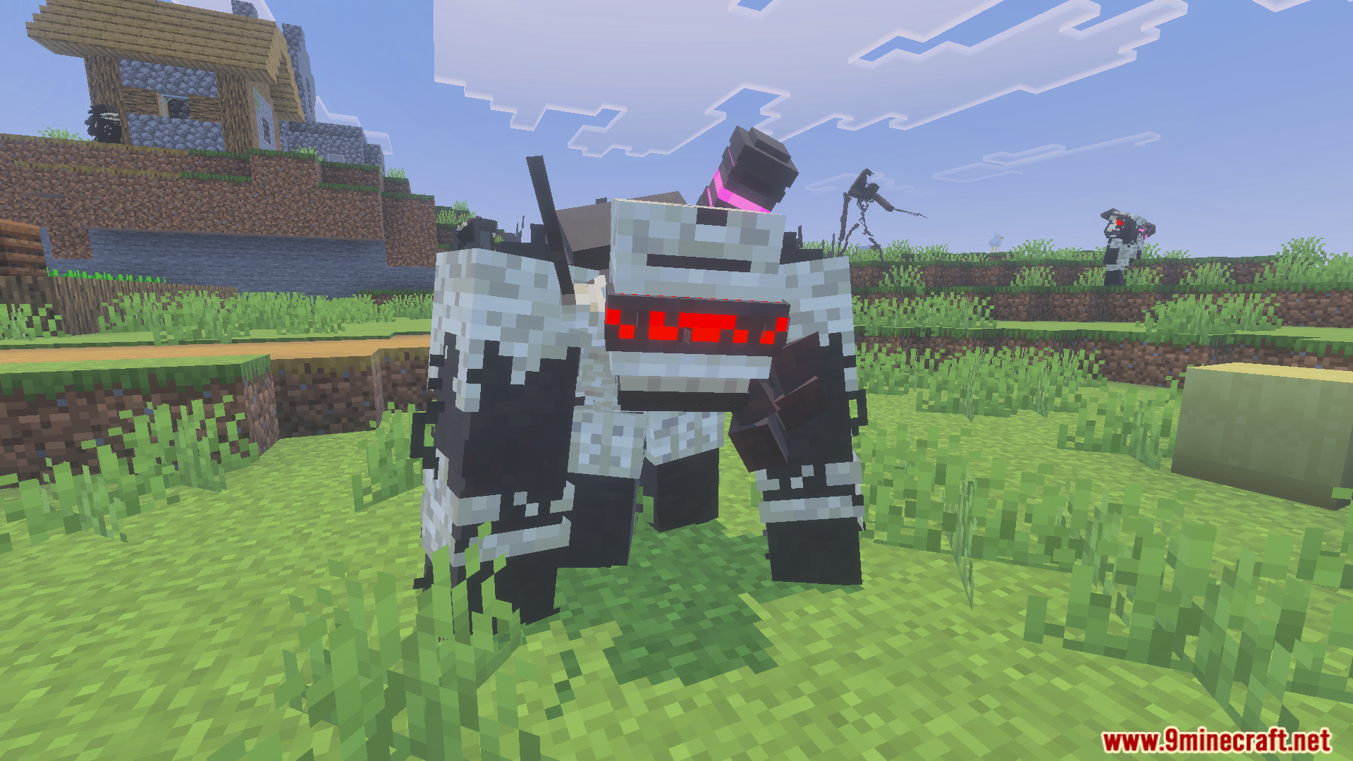 Liminal Craft Backrooms Addon Screenshot 10 Scary carpet bear monster with red eyes standing in a grassy Minecraft biome