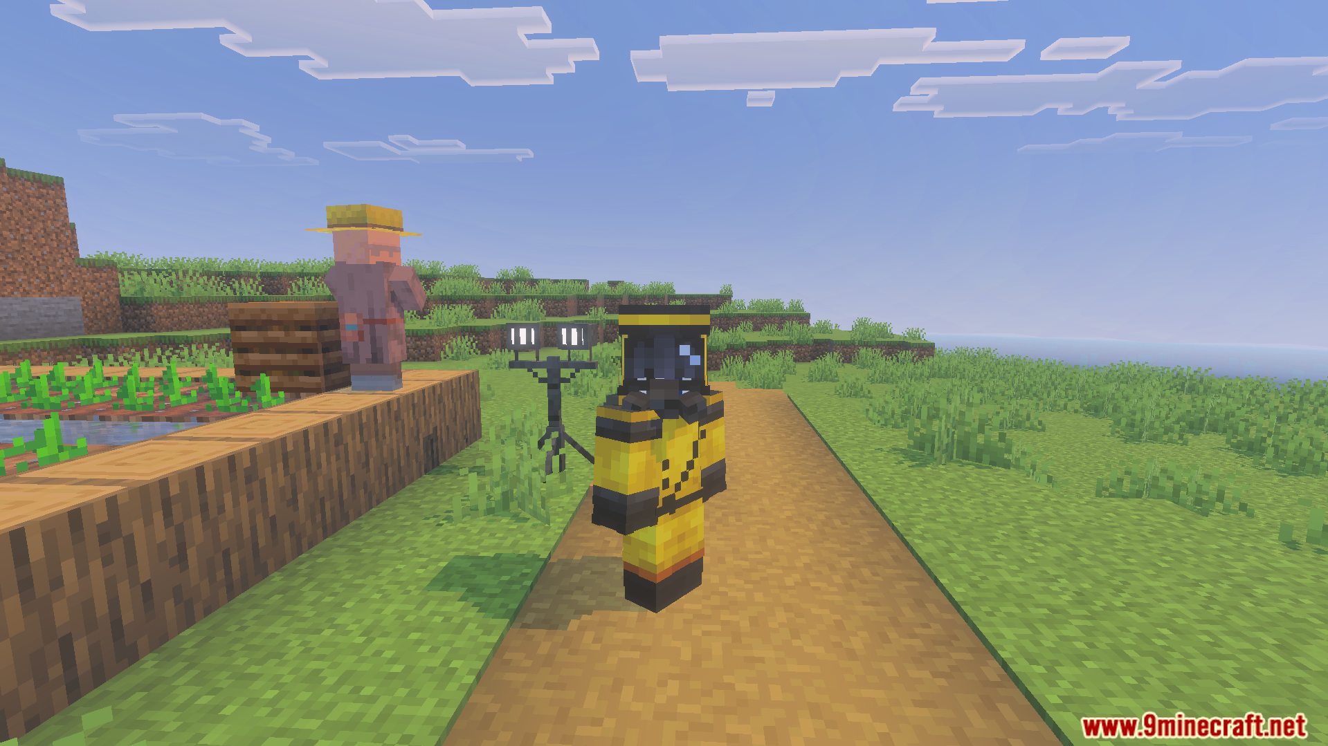Liminal Craft Backrooms Addon Screenshot 2 Player wearing a yellow hazmat suit standing near a villager and camera