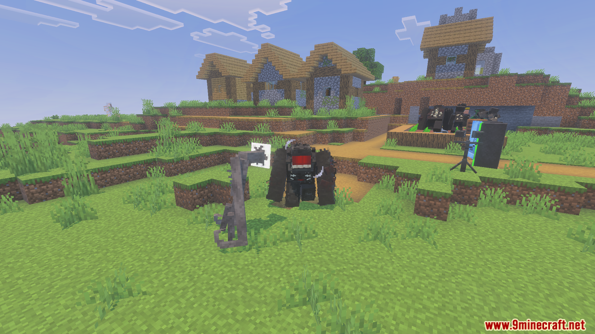 Liminal Craft Backrooms Addon Screenshot 6 Scary monsters like the skin stealer standing in a grassy Minecraft village