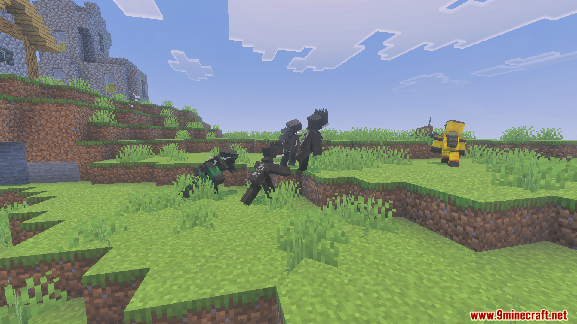 Liminal Craft Backrooms Addon Screenshot 7 Scary skin stealer monsters and a yellow figure in a grassy field