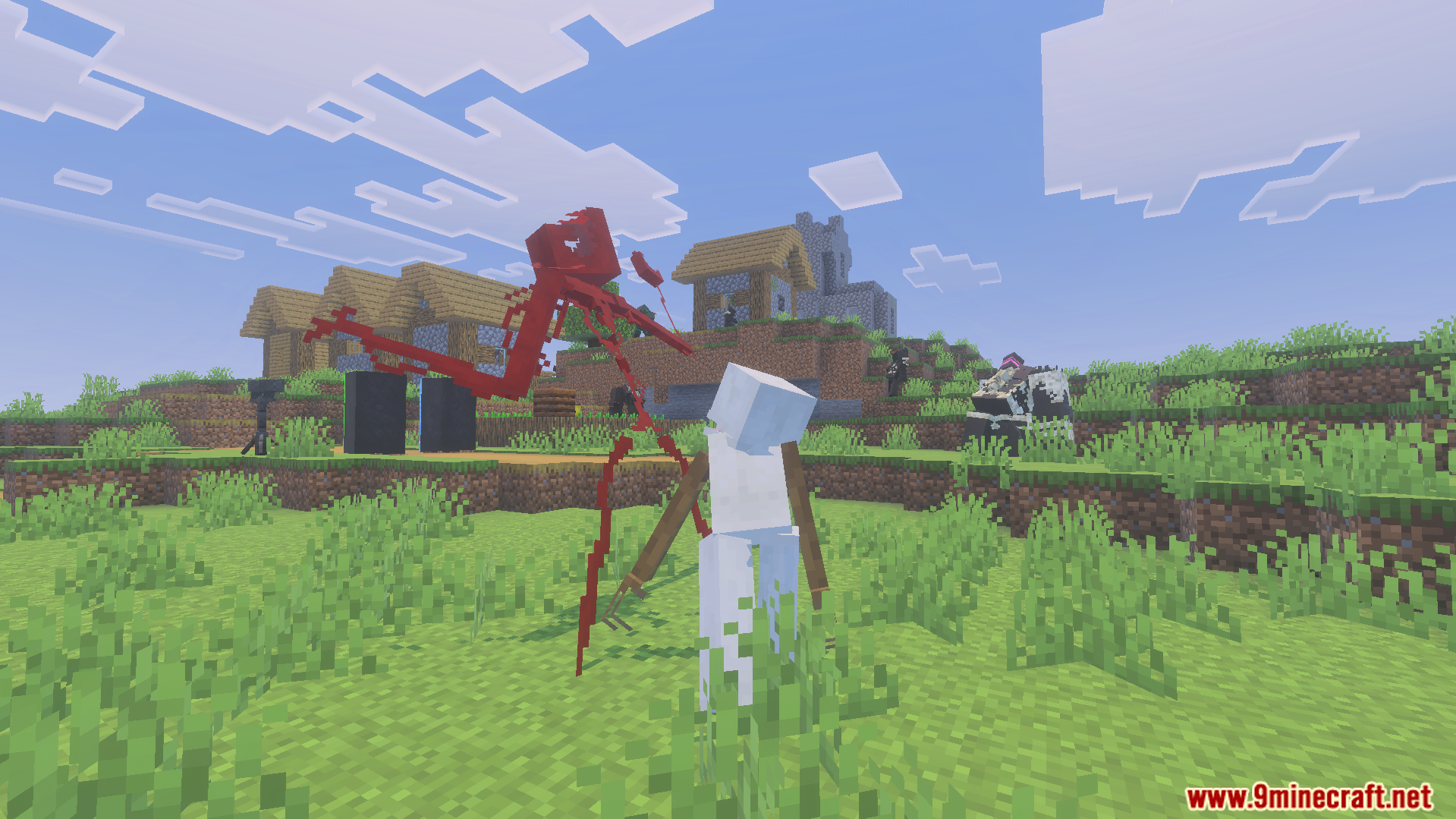 Liminal Craft Backrooms Addon Screenshot 9 Creepy red monster and white skin stealer standing near a village in Minecraft