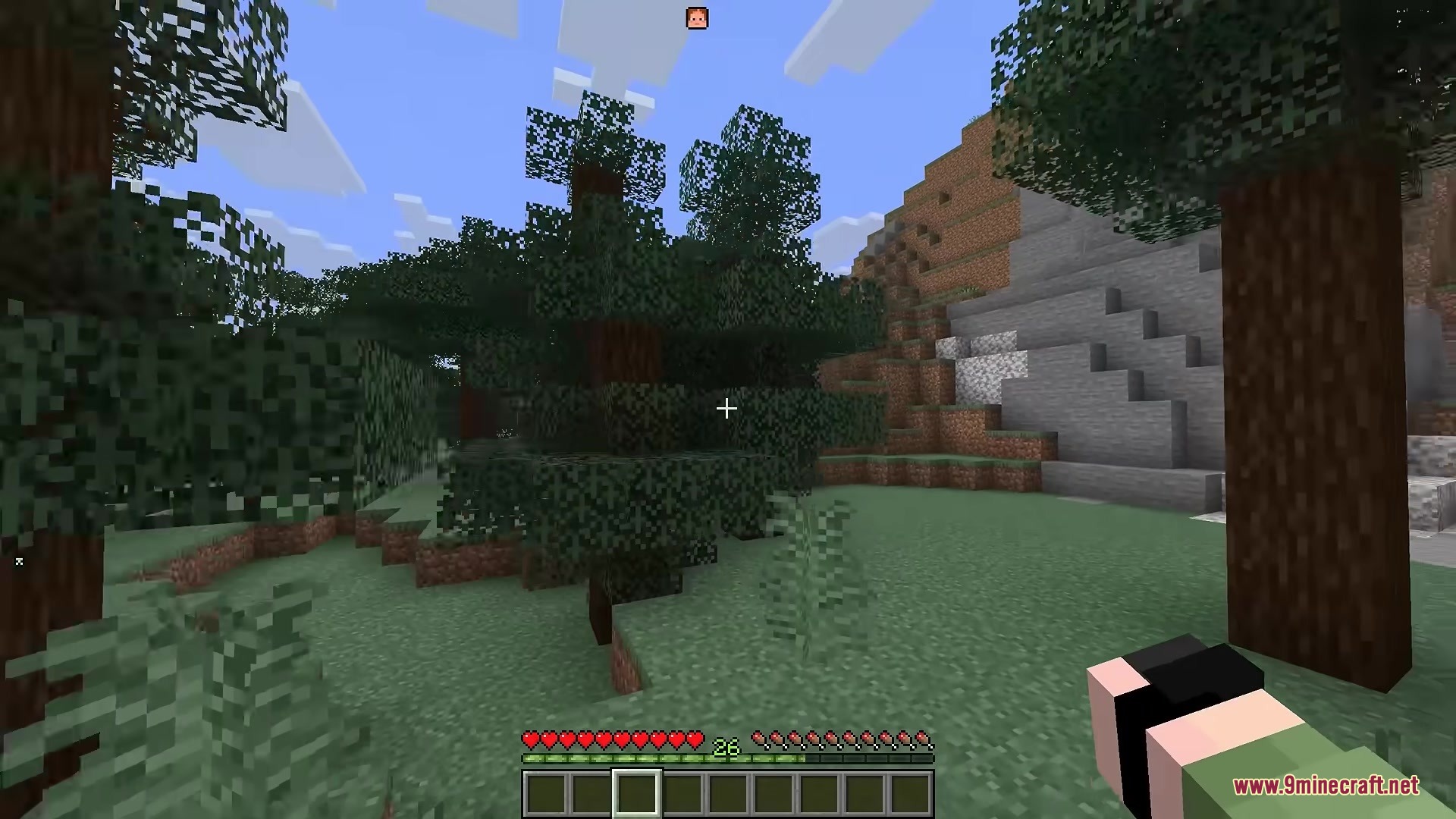 Player standing in a forest with a waypoint marker on the screen edge