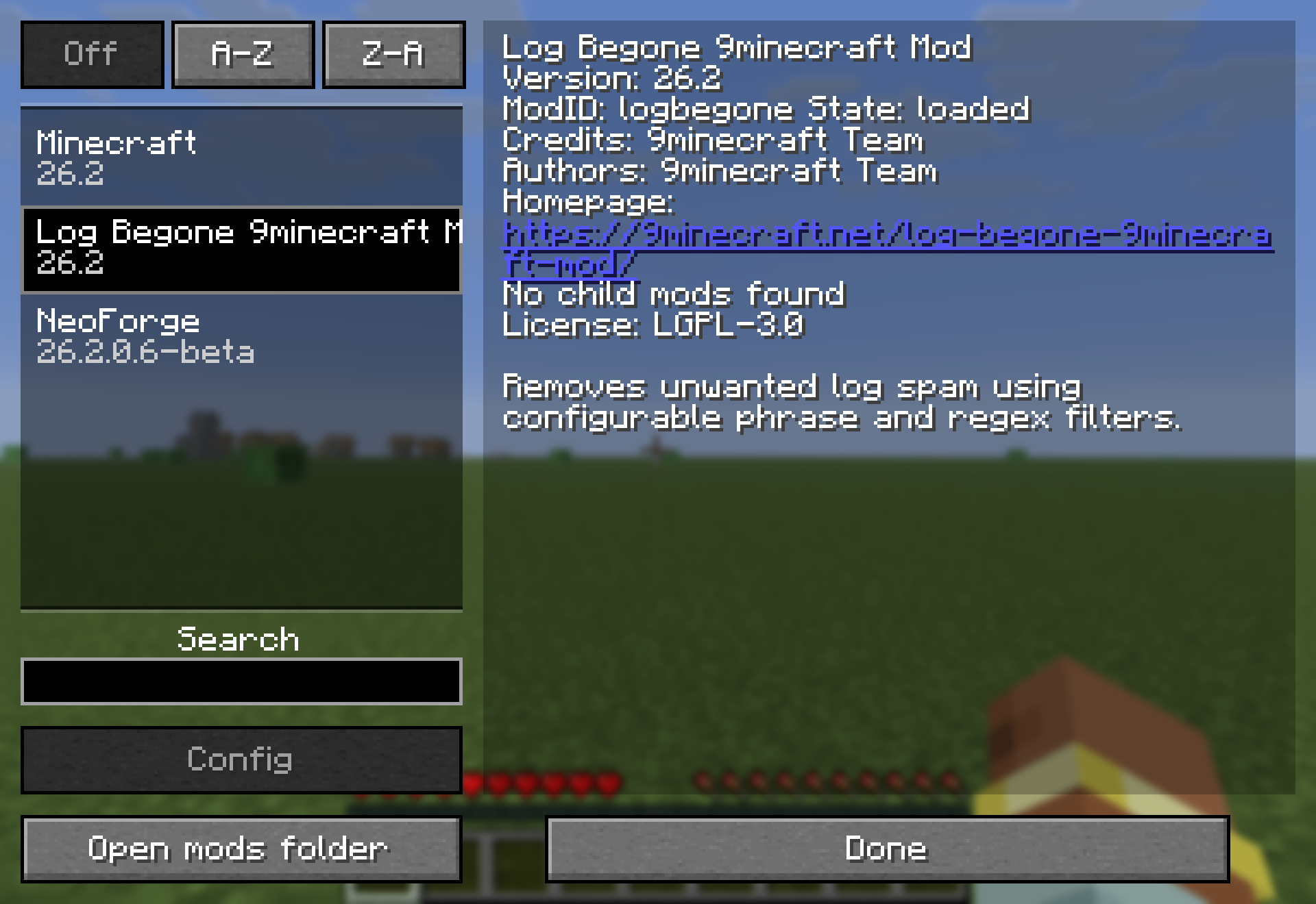 Log Begone listed in the in-game mods screen - loaded, with 9minecraft Team credits and its homepage link.
