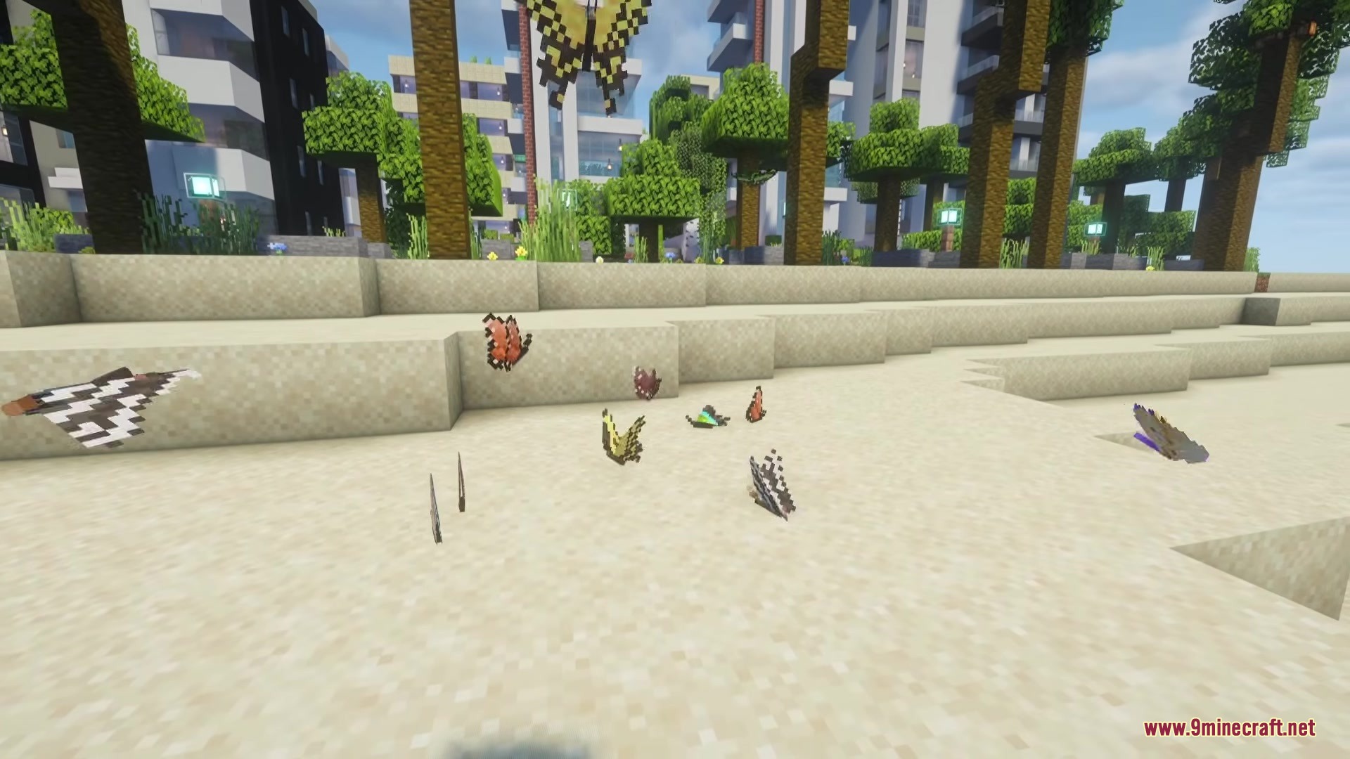 Various colorful butterflies resting on sand blocks in a sunny Minecraft world