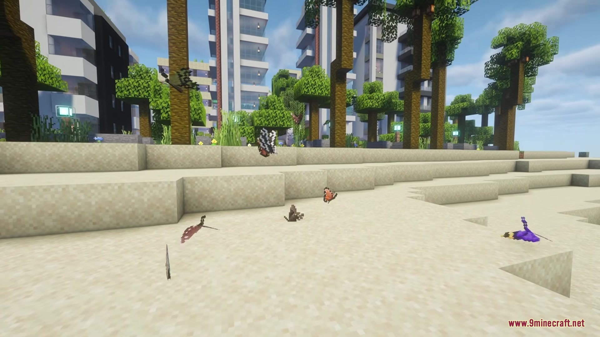 Several butterflies flying and landing on the sand near tall modern buildings