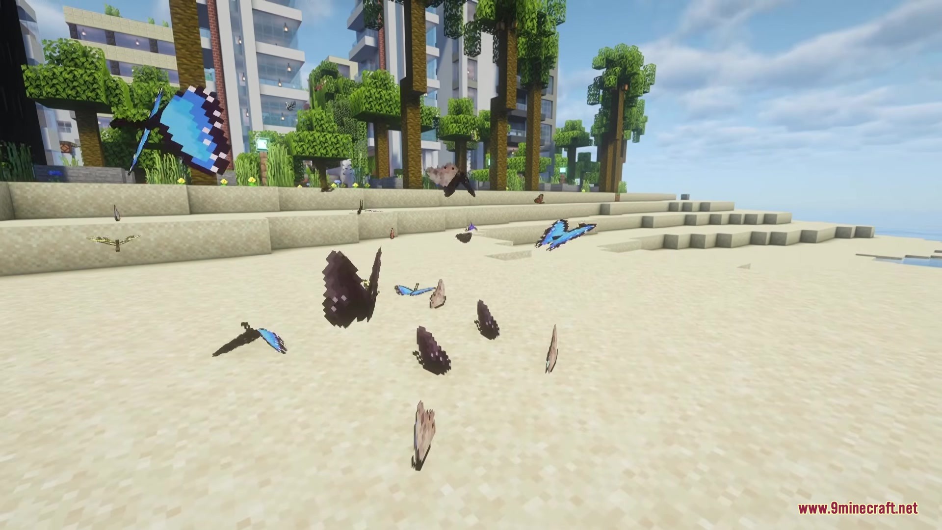 Various species of butterflies fluttering near modern buildings on a sunny beach