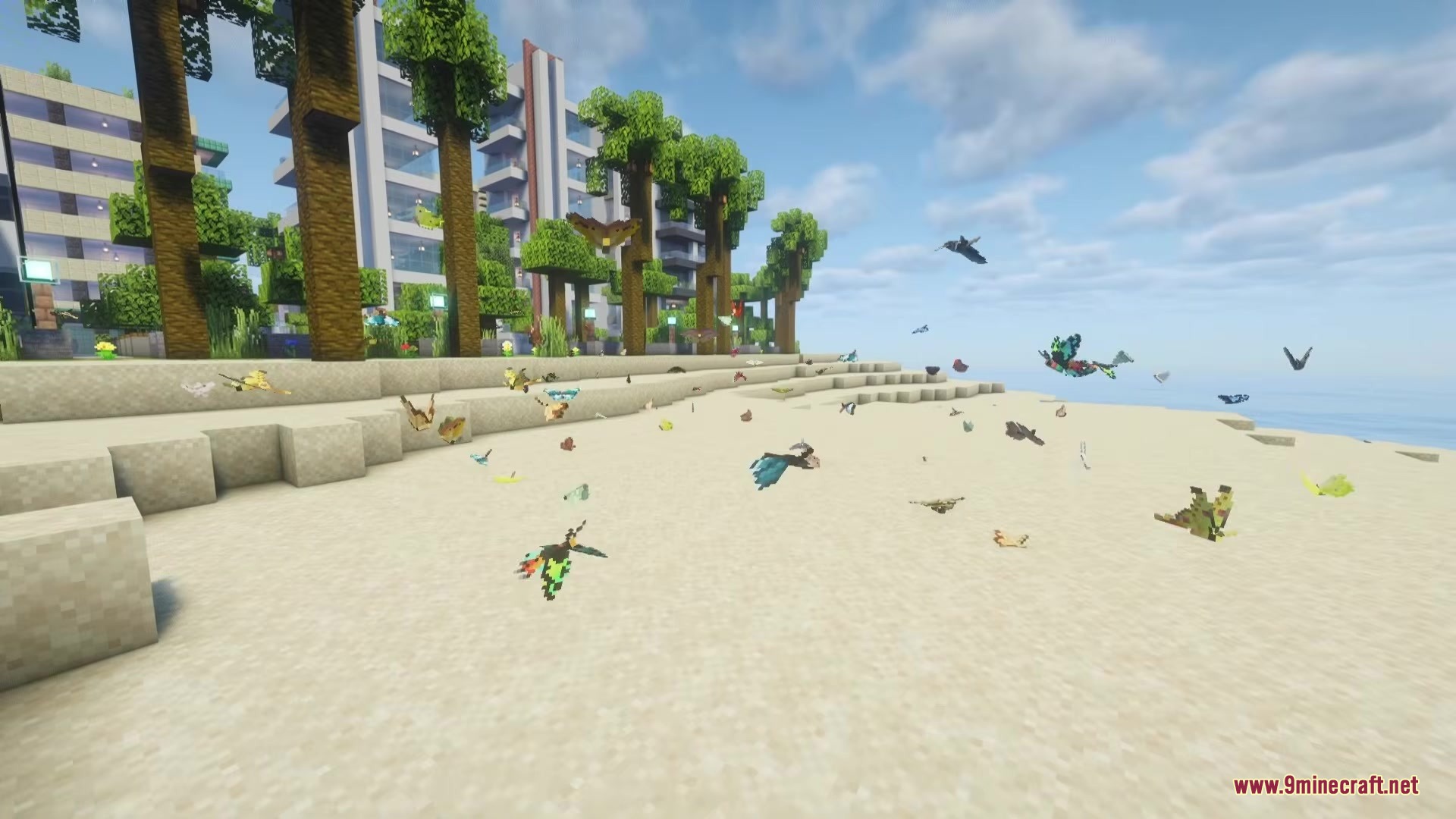 Many colorful butterflies and moths flying over a sandy Minecraft beach