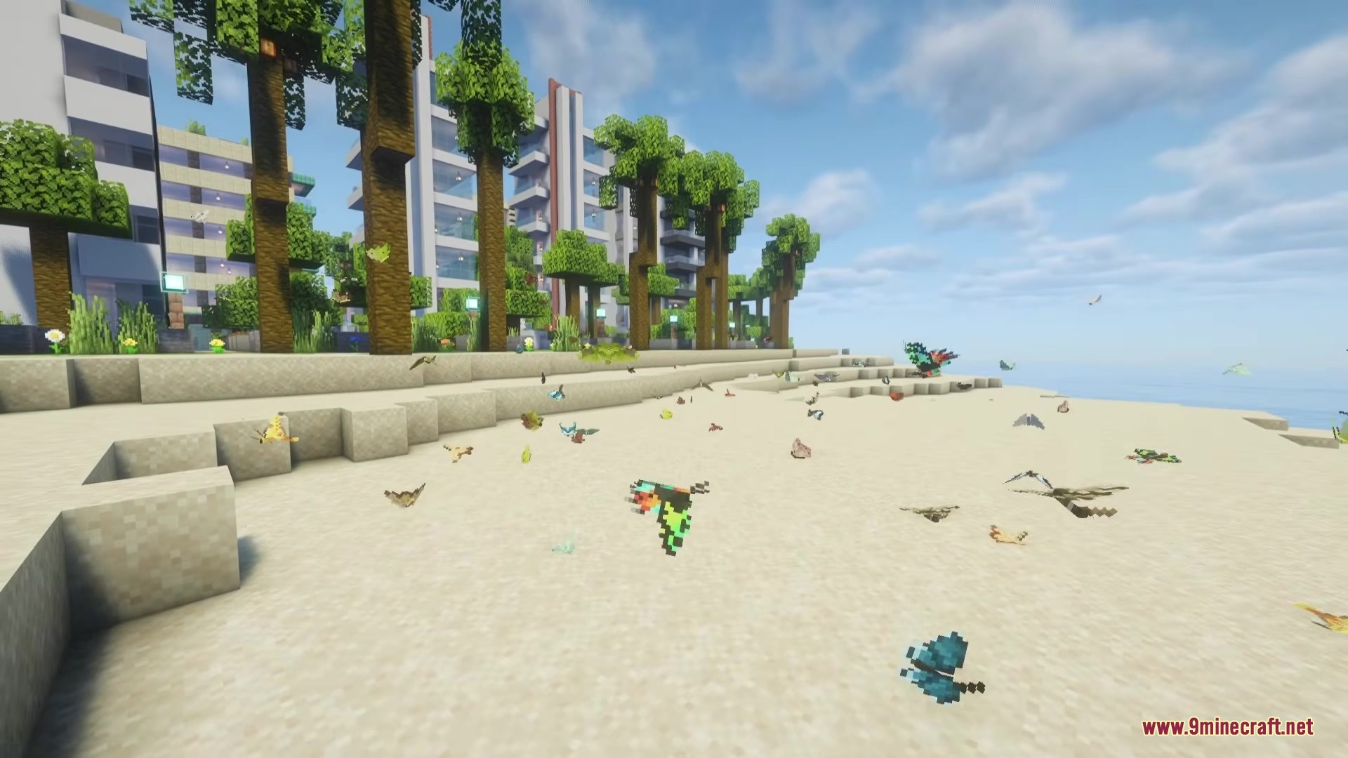 Butterflies and moths fluttering around palm trees on a sunny Minecraft beach