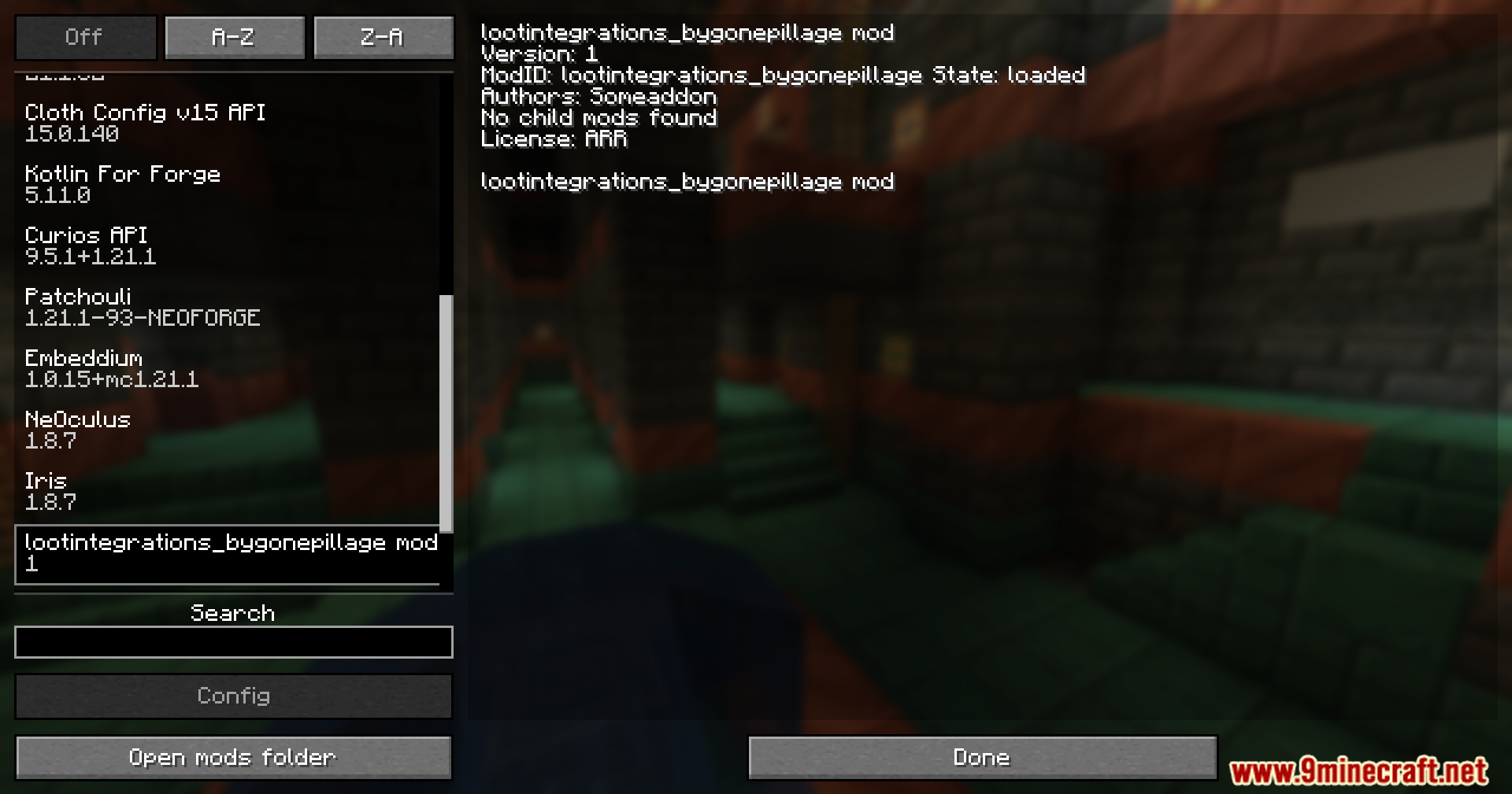 A Minecraft mod menu screen showing a list of various installed game modifications