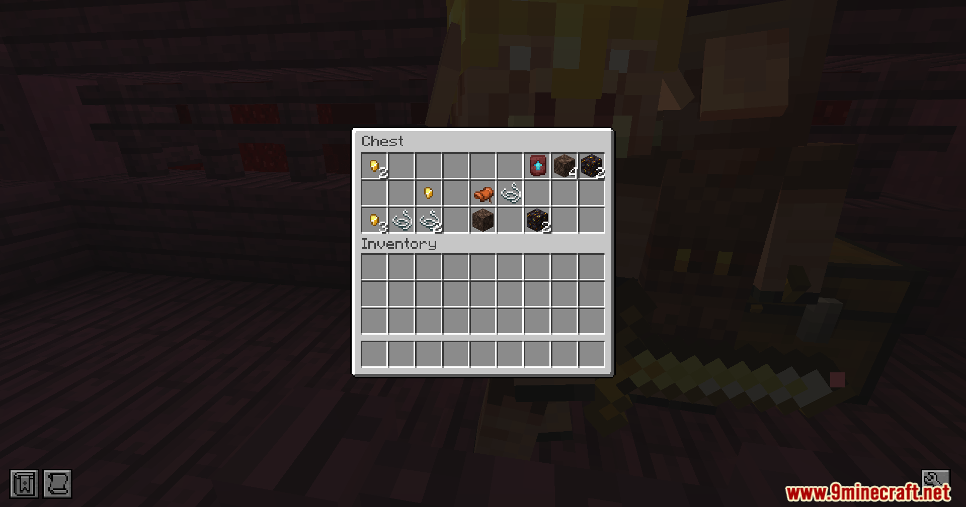 Opening a chest containing a saddle and gold nuggets near a piglin