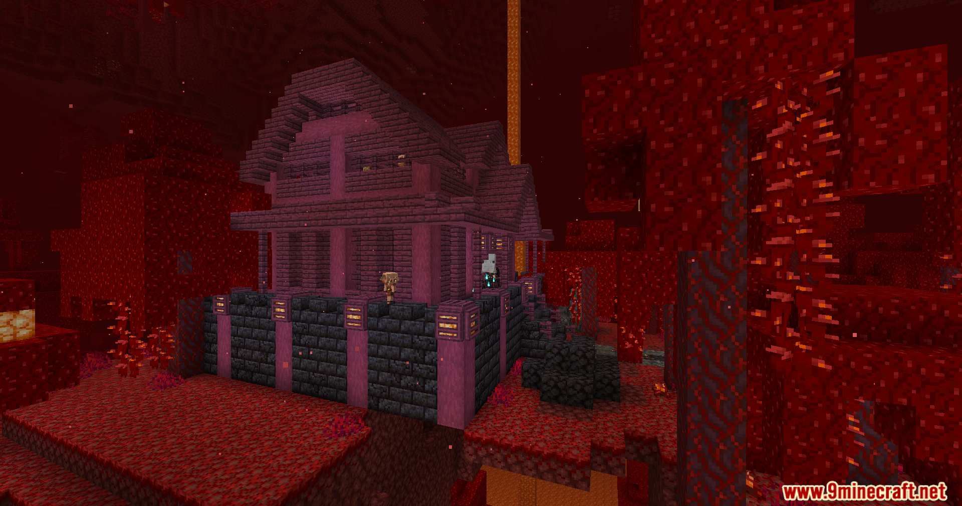 A large crimson wood house built on a blackstone base in the Nether