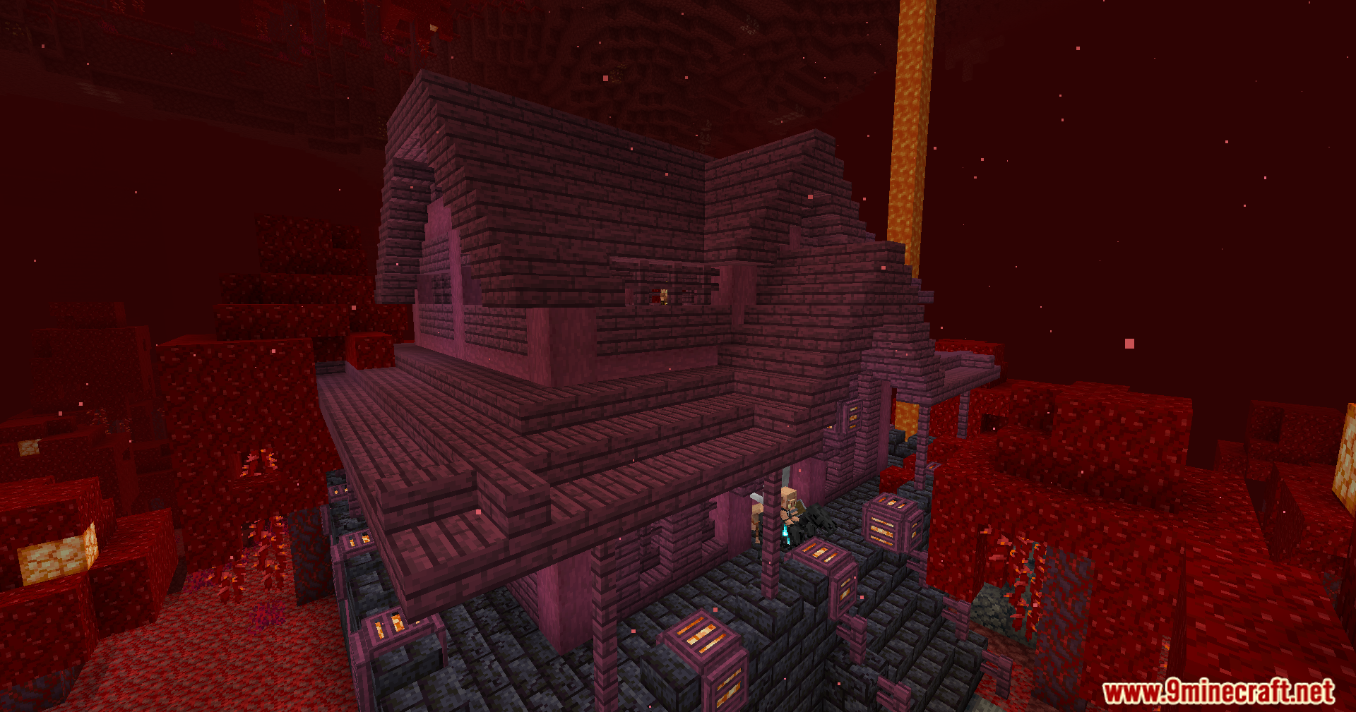 Side view of a crimson wood house structure in the Nether biome