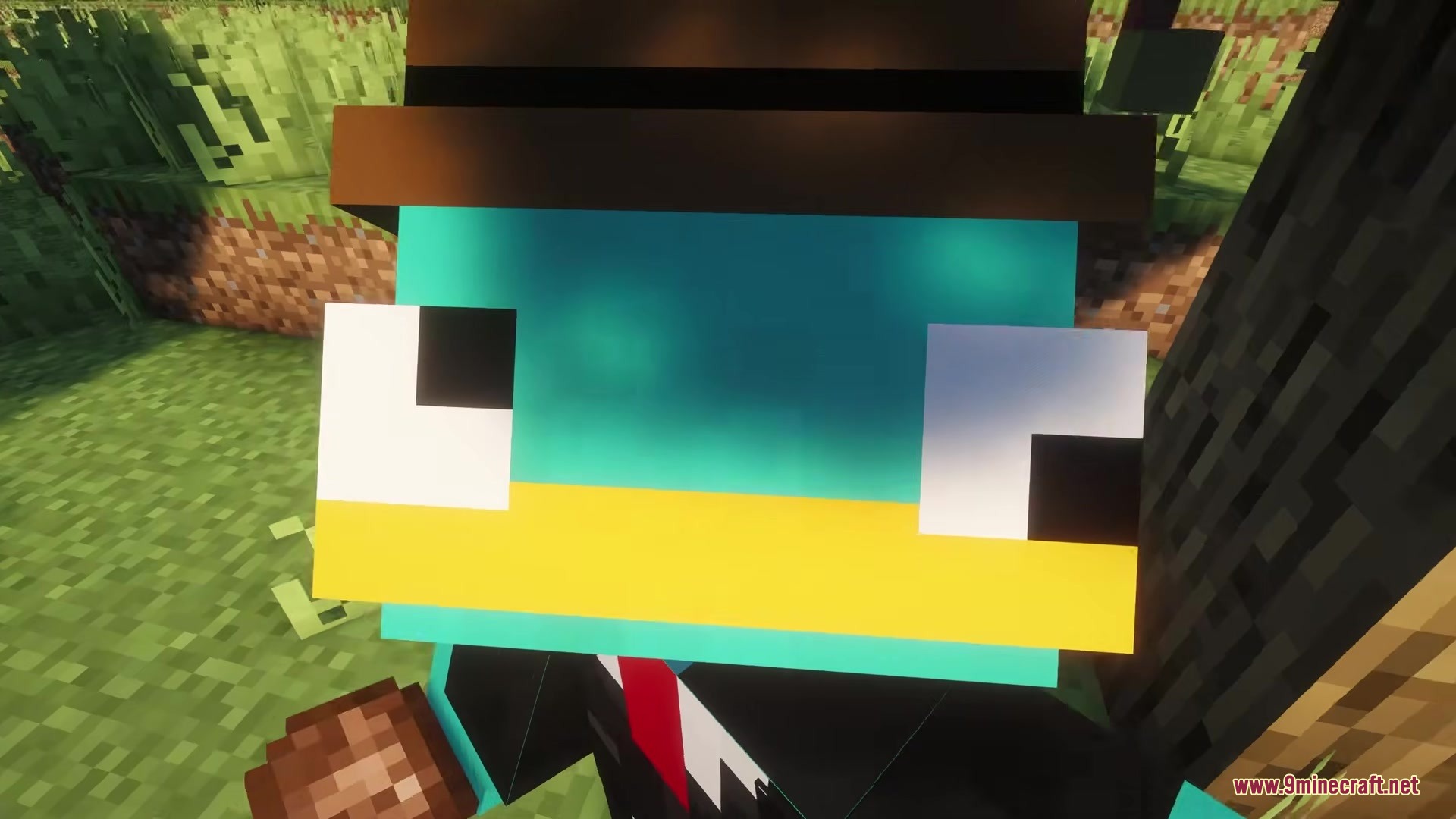 Love Core Mod Screenshot 2 Close up of a teal Minecraft character wearing a brown hat