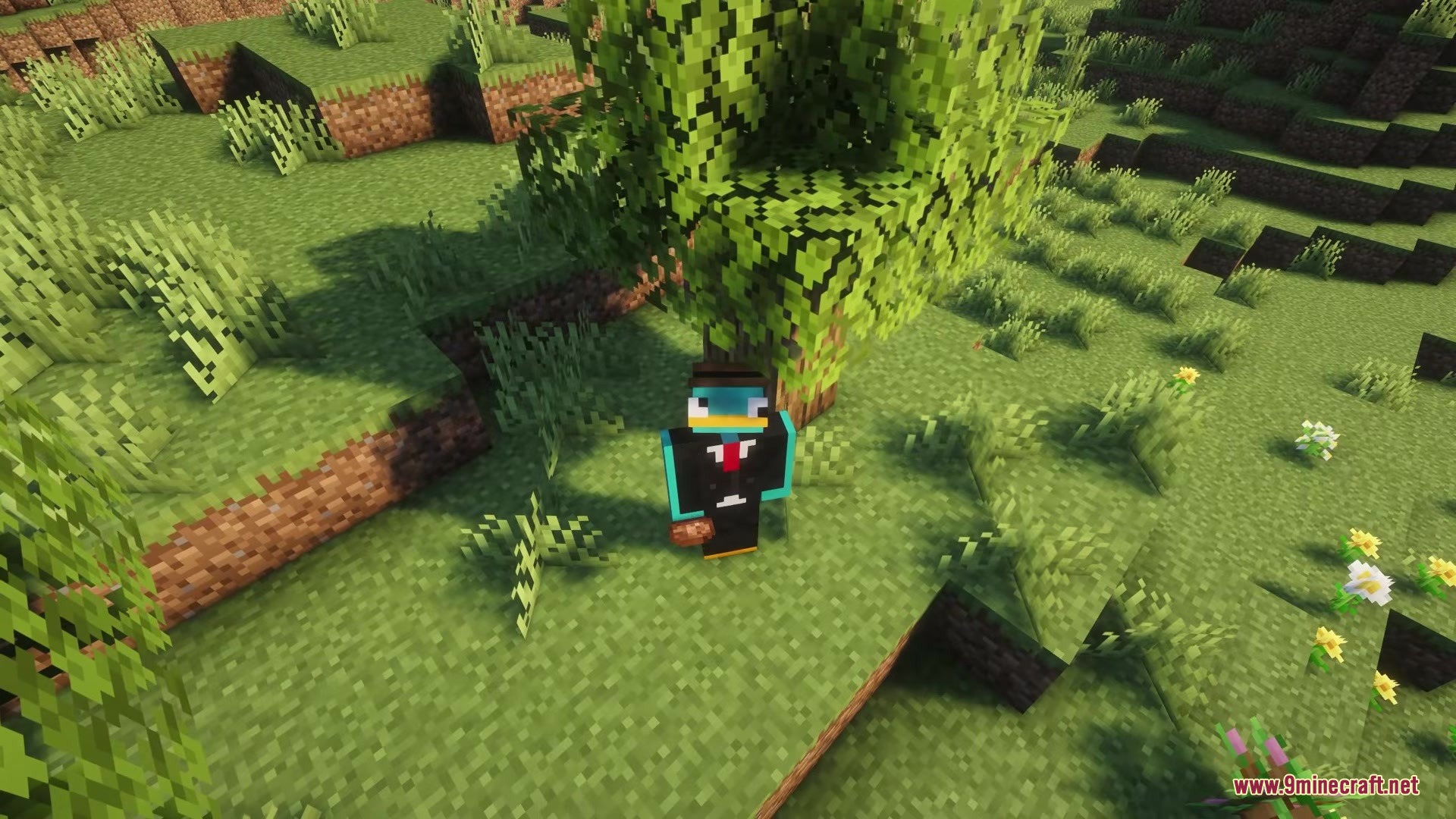 Love Core Mod Screenshot 3 Minecraft player wearing a formal black suit standing under a tree