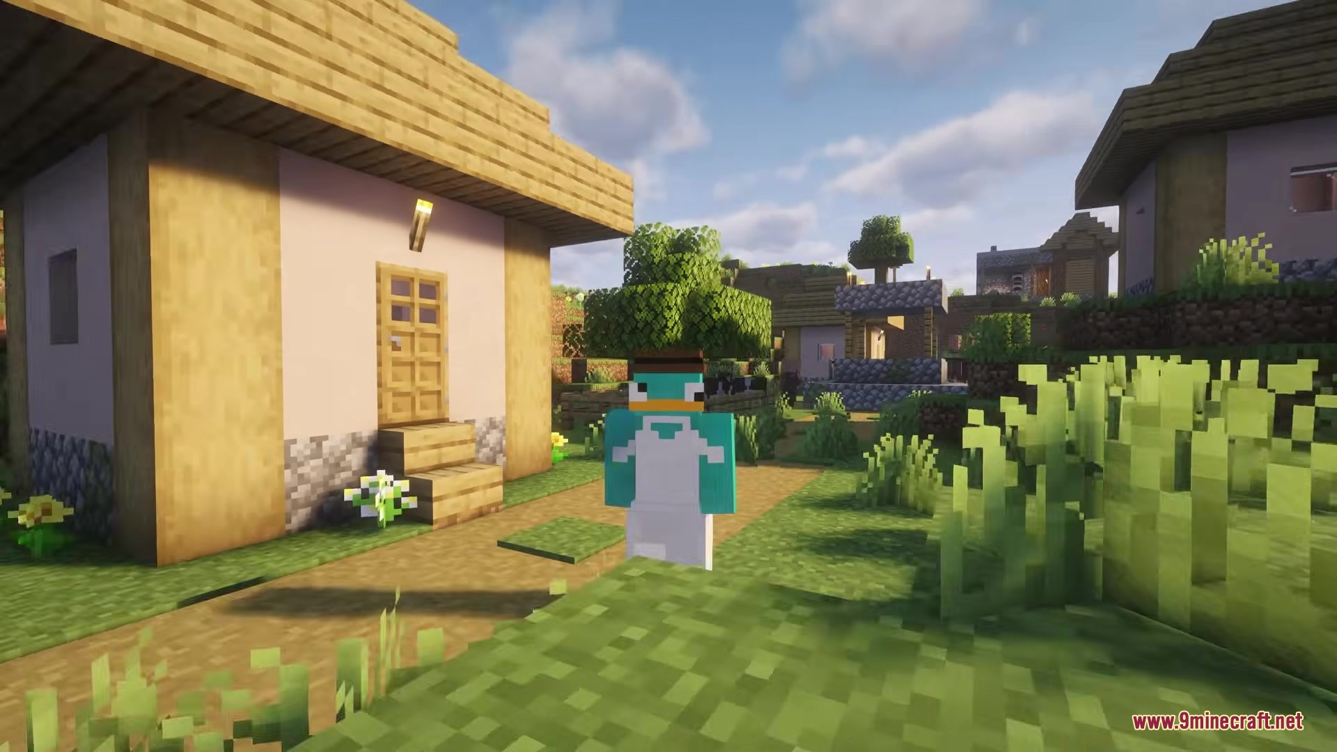 Love Core Mod Screenshot 4 Minecraft player wearing a white wedding dress standing in a village